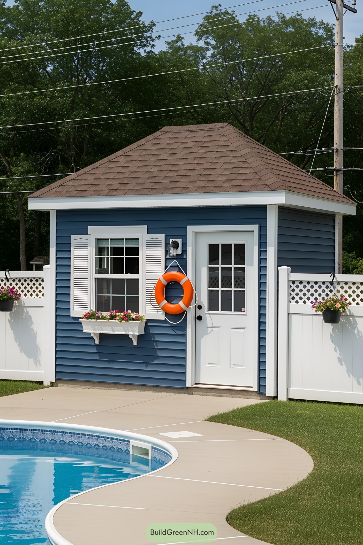 Small pool house beside a curved pool with colorful flowers