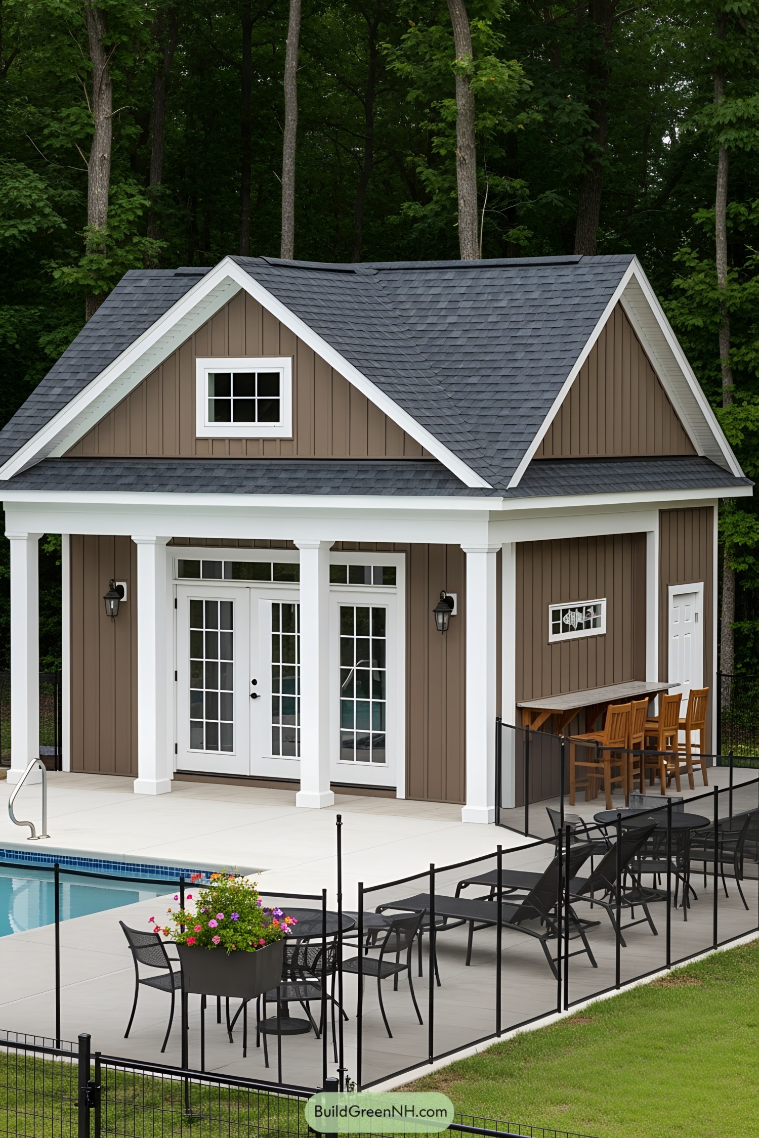 Small pool house with classic design by the poolside
