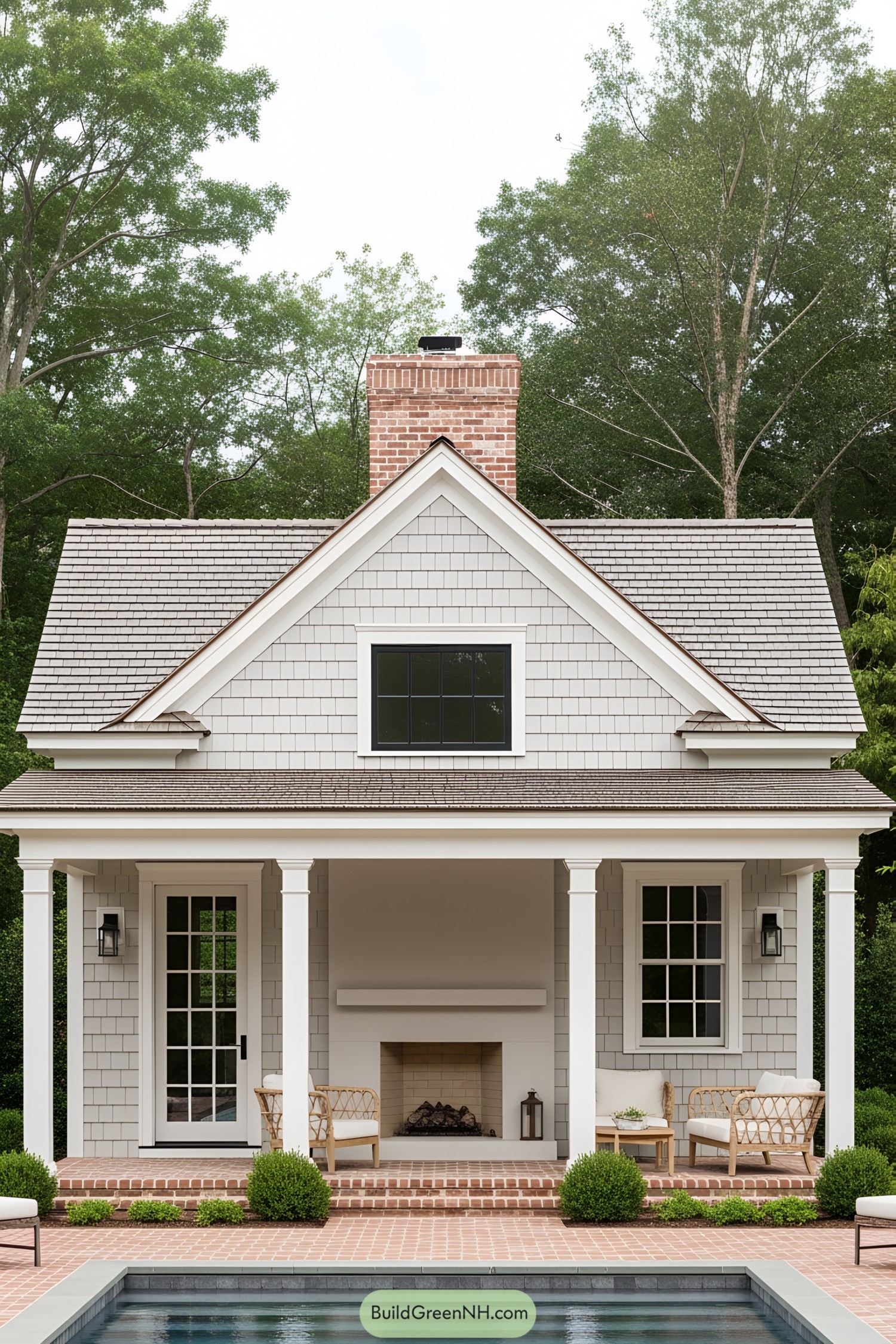 Small pool house with fireplace and seating area