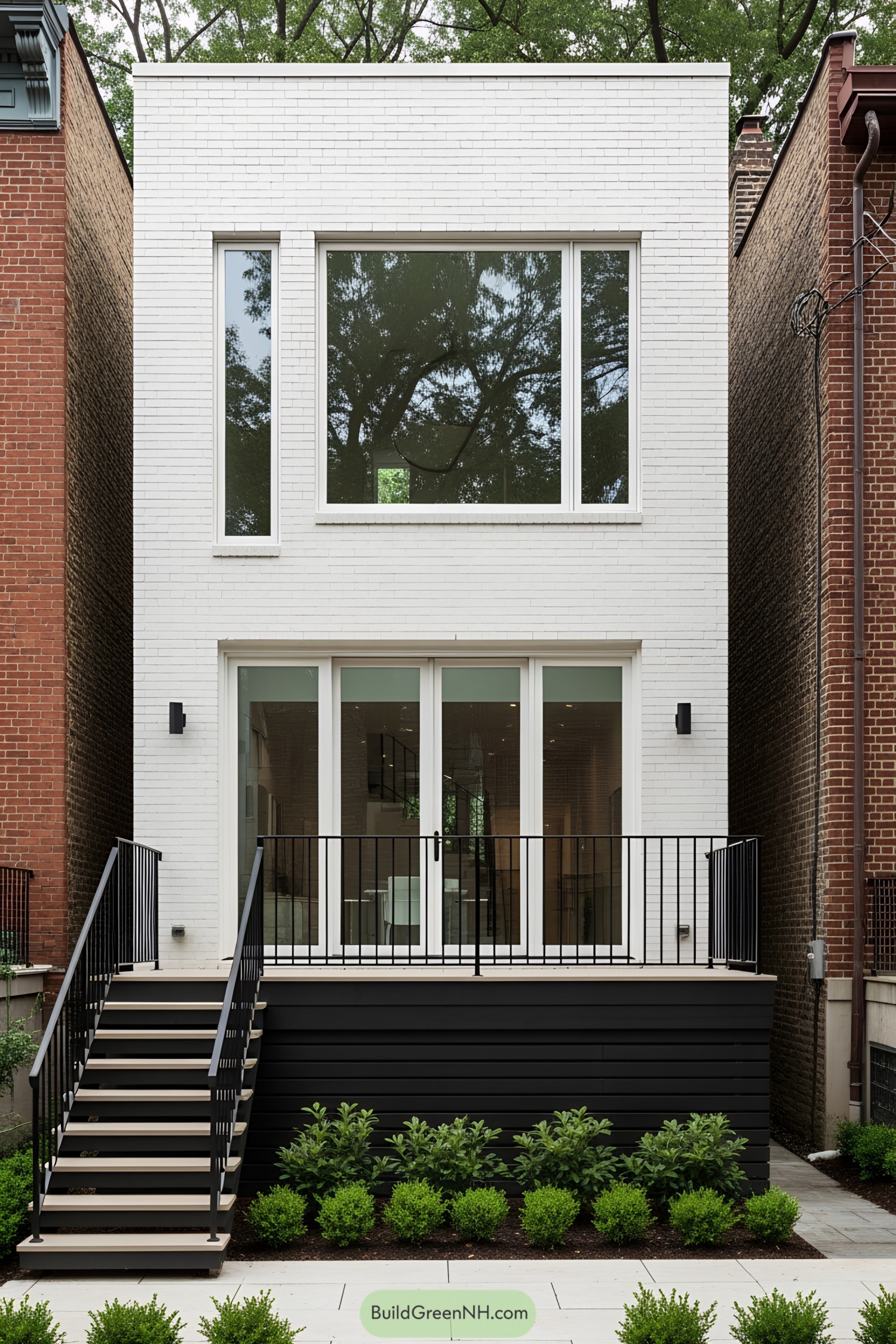 Sleek white row house flanked by brick neighbors