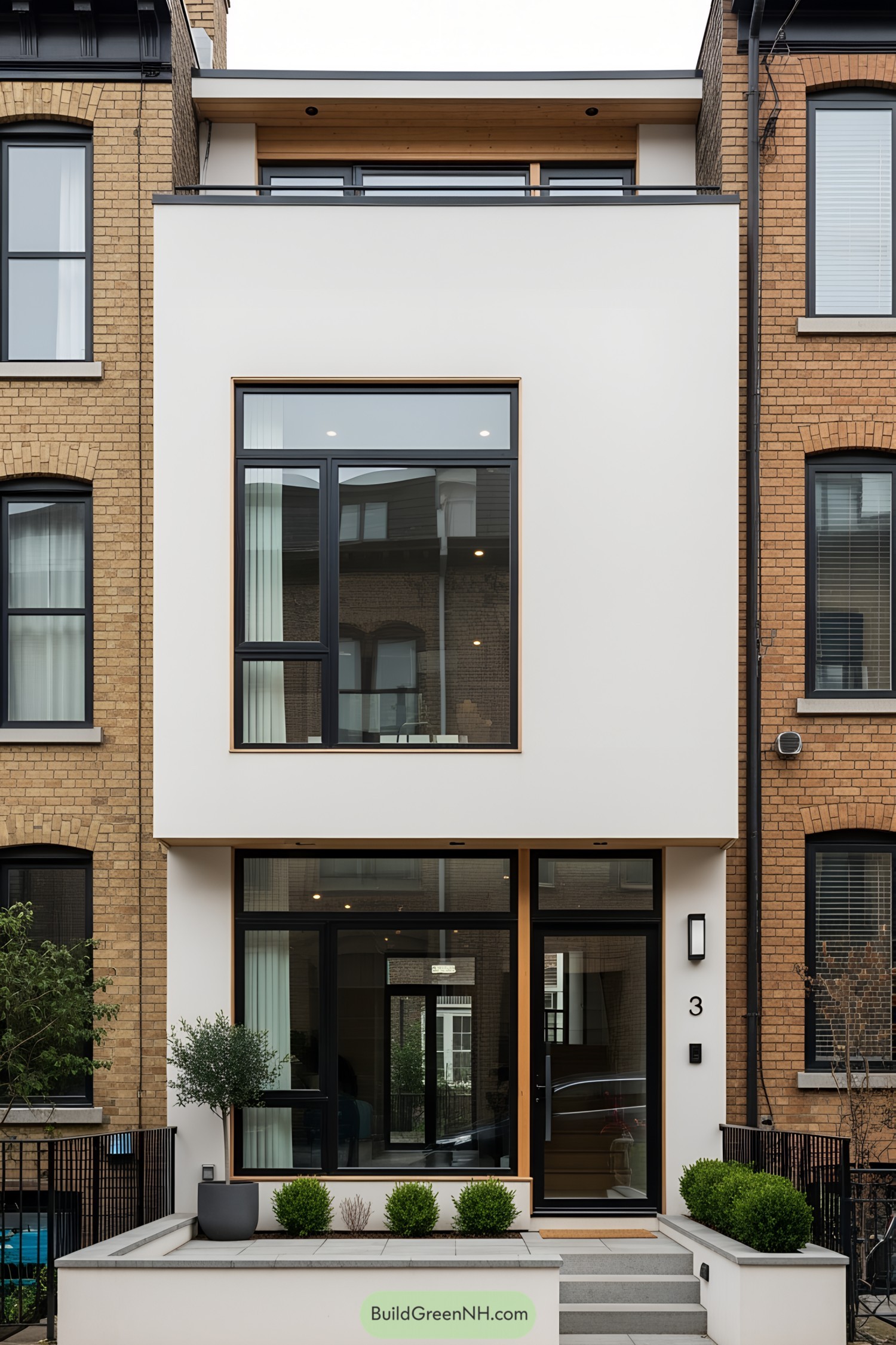 A sleek, modern row house with large windows