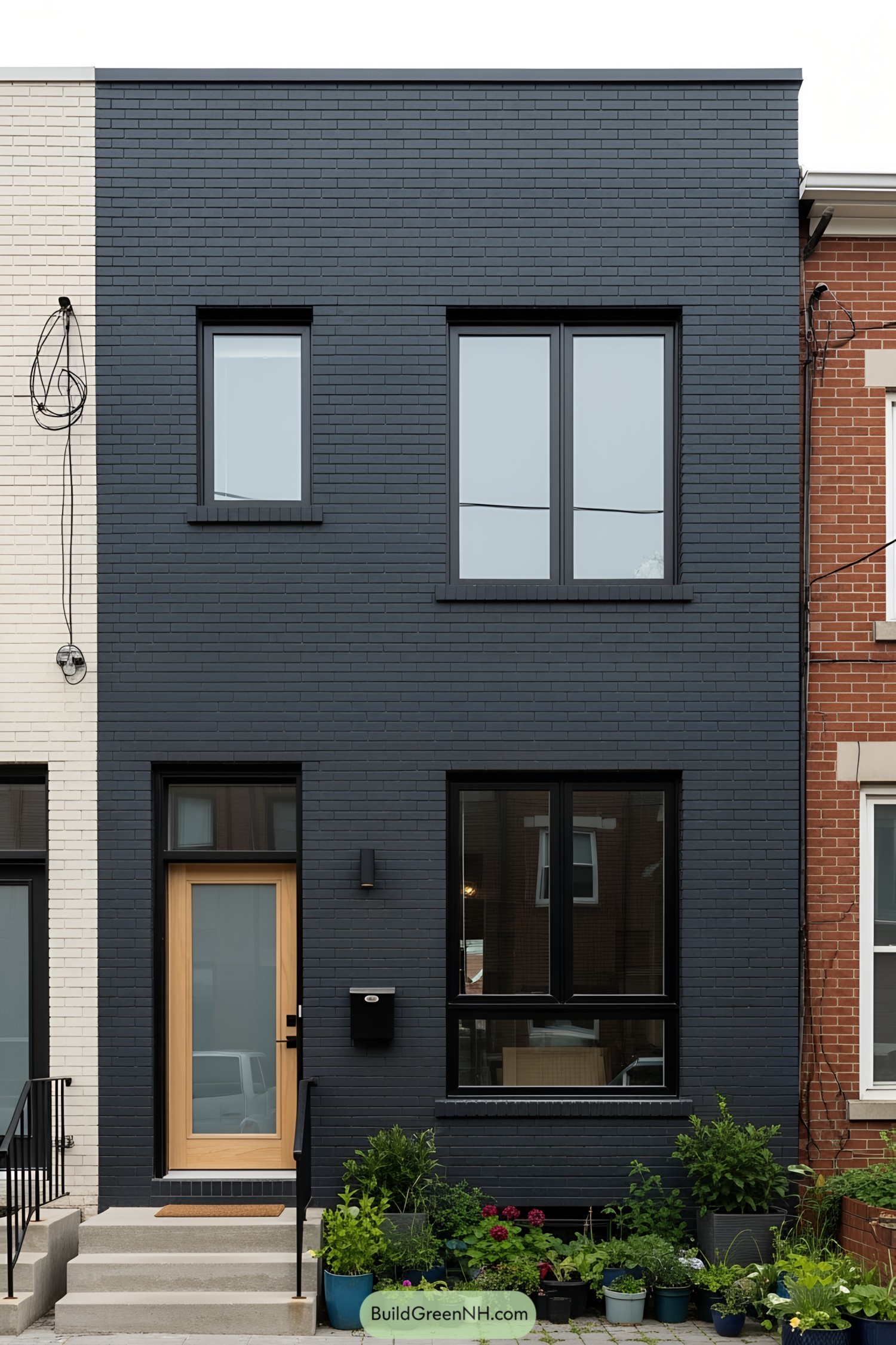 Compact row house with a dark brick facade and wooden door