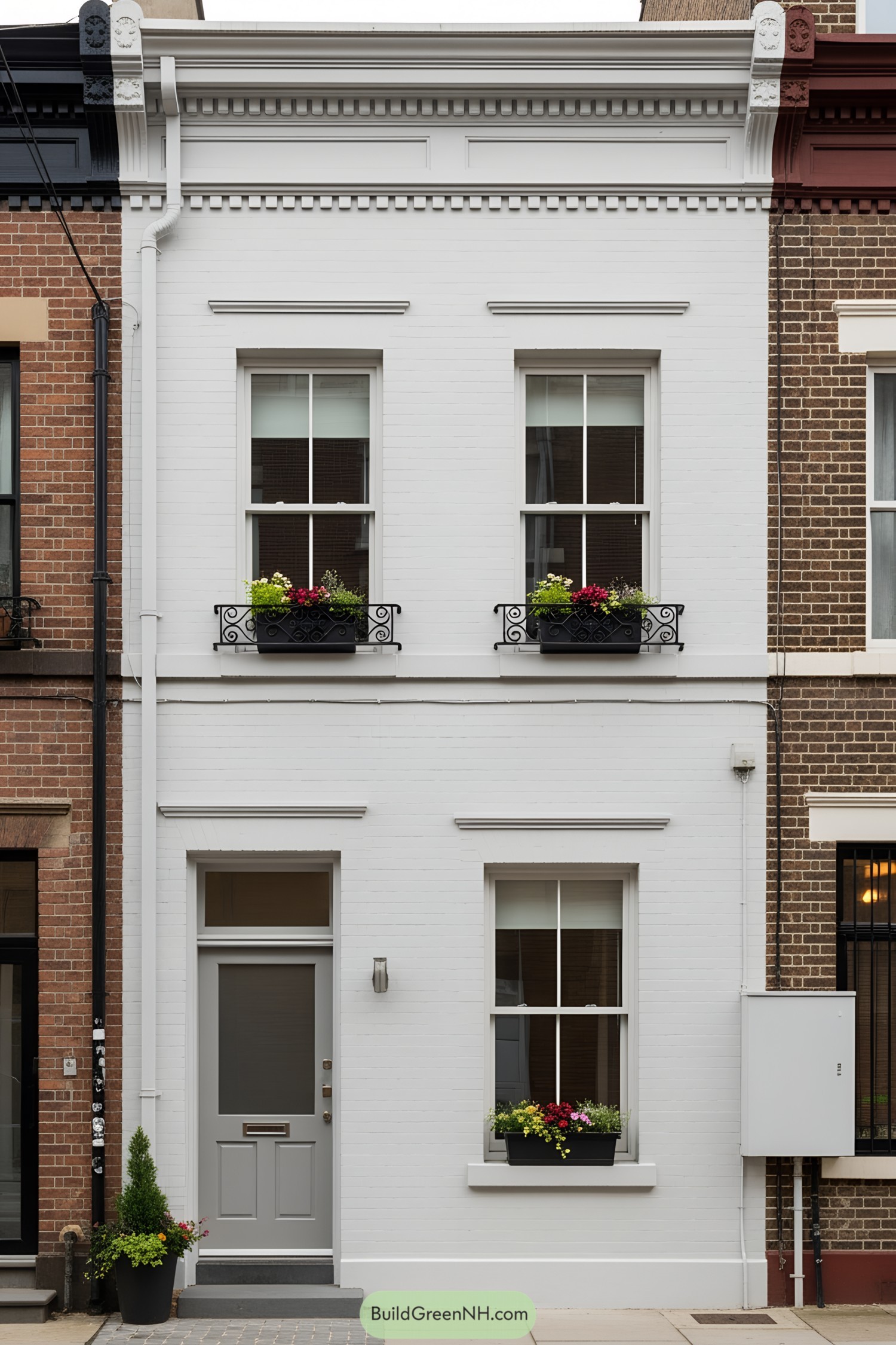 Compact white row house with vibrant window boxes