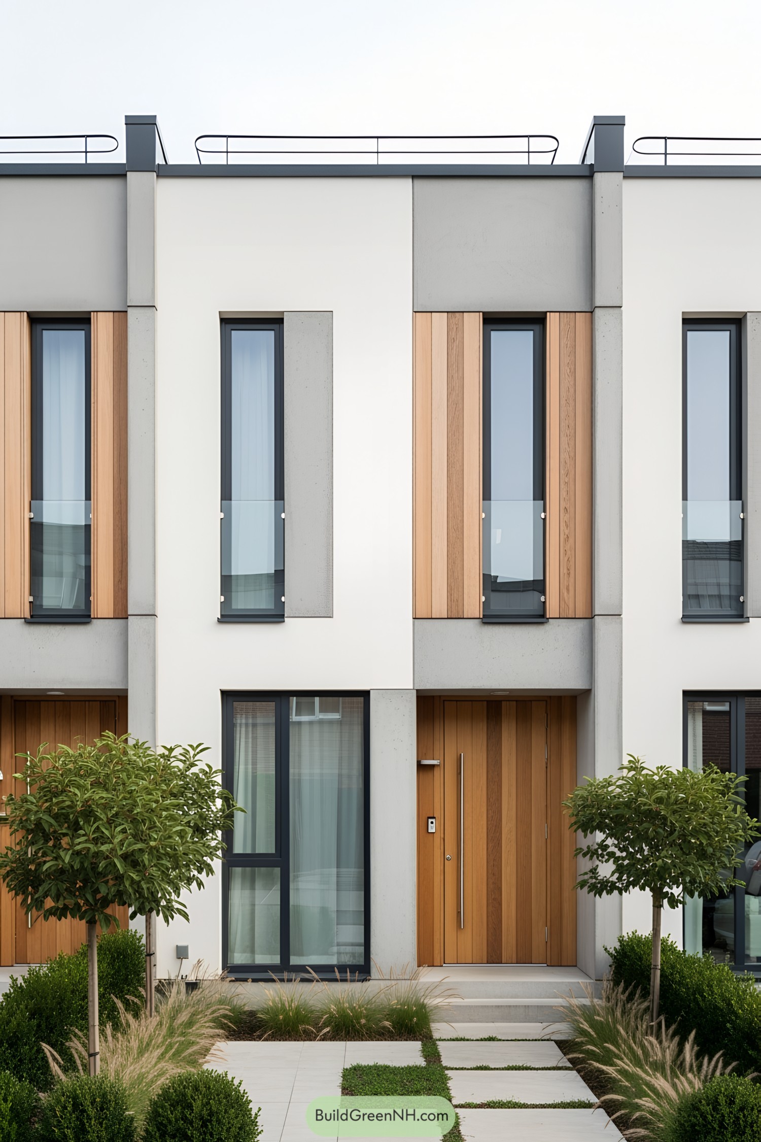 Modern minimalist row house with wooden accents and greenery