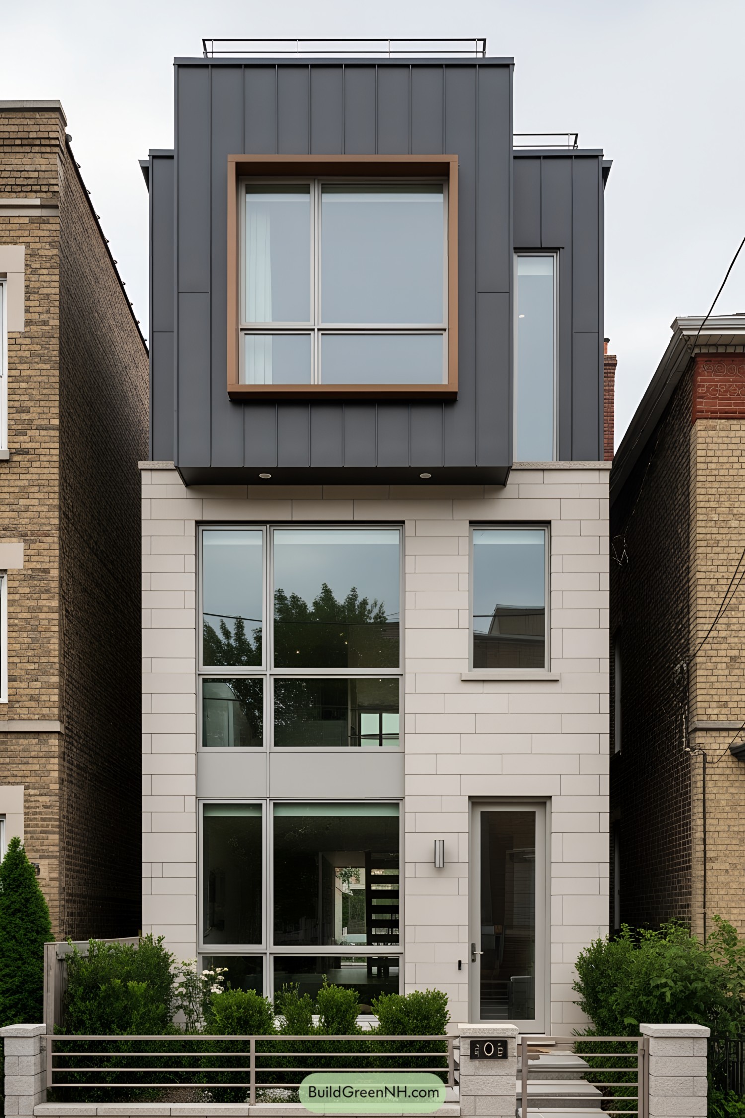 Modern row house with a large square window and sleek facade