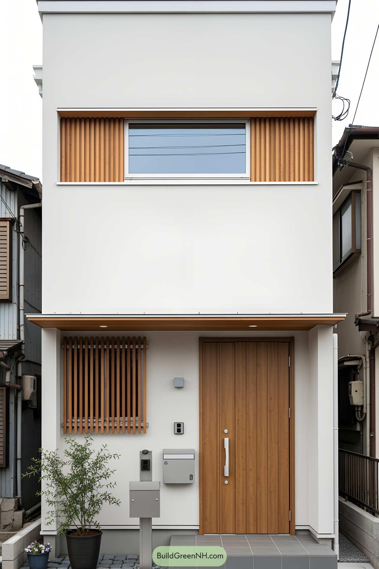 Modern row house facade with wooden accents