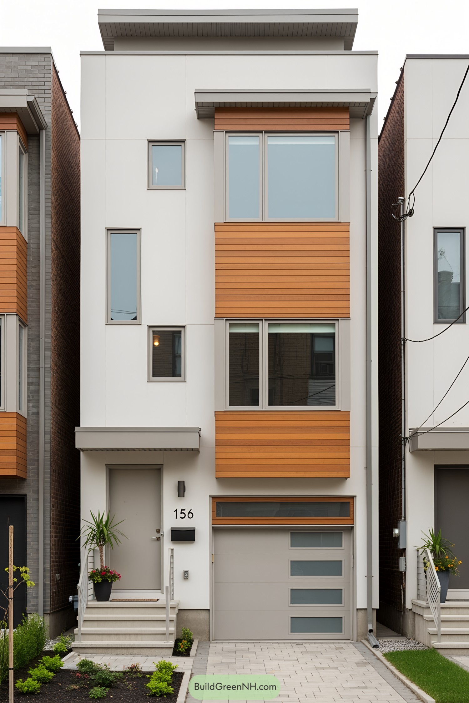 Contemporary row house with wooden accents