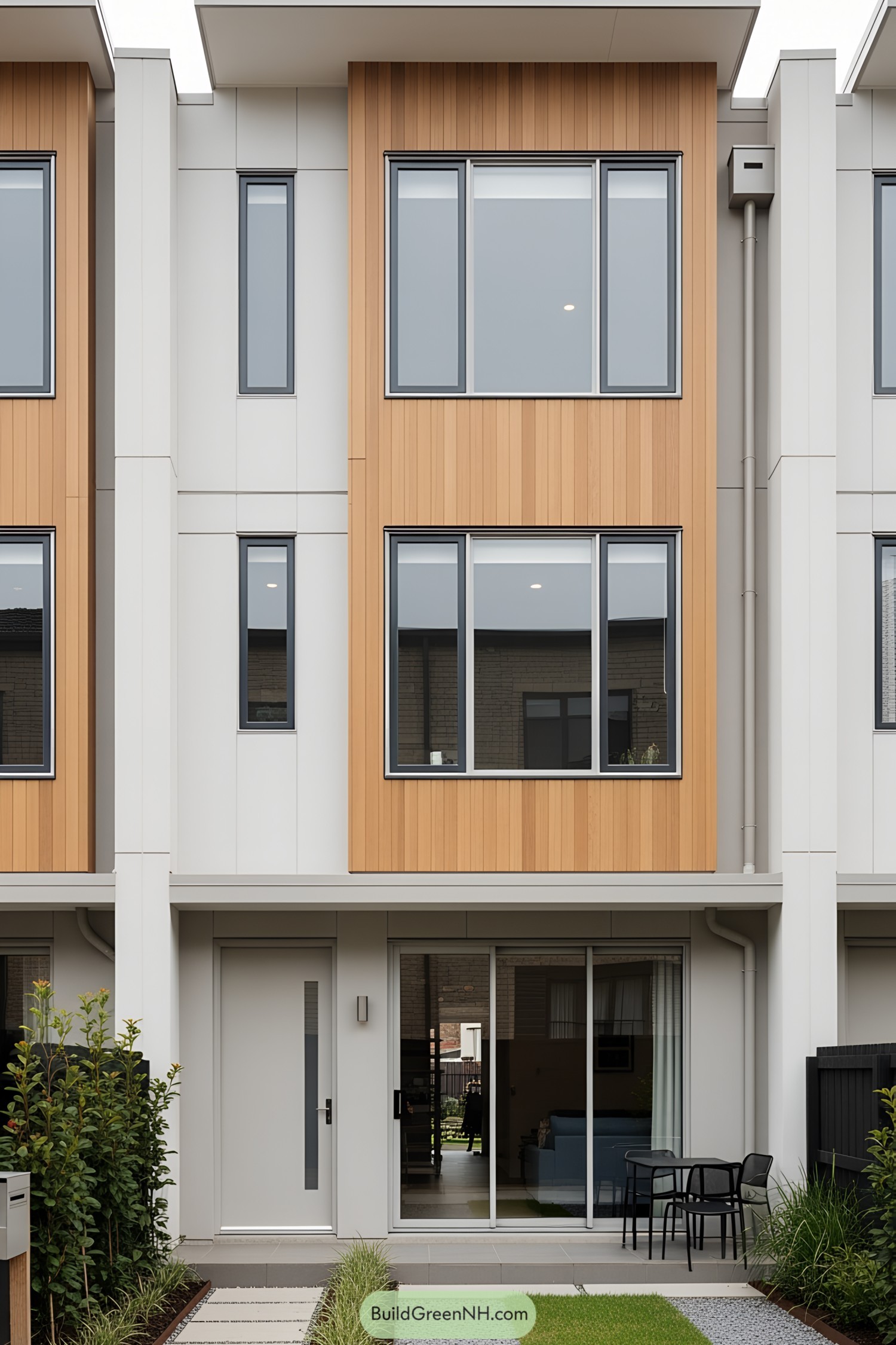Modern row house with wooden and white panels