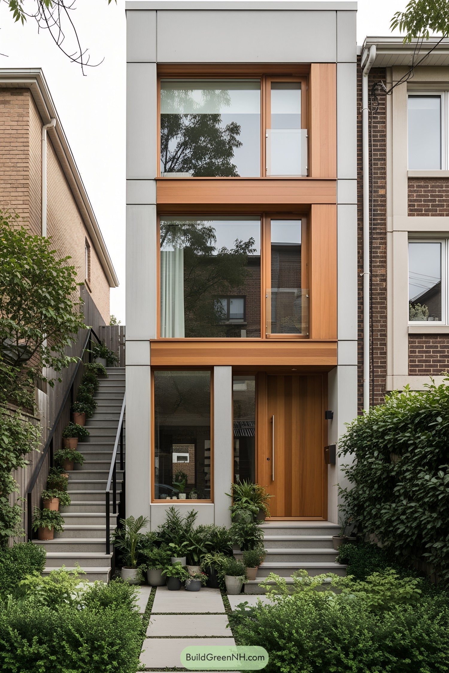 Tall row house framed by lush green plants