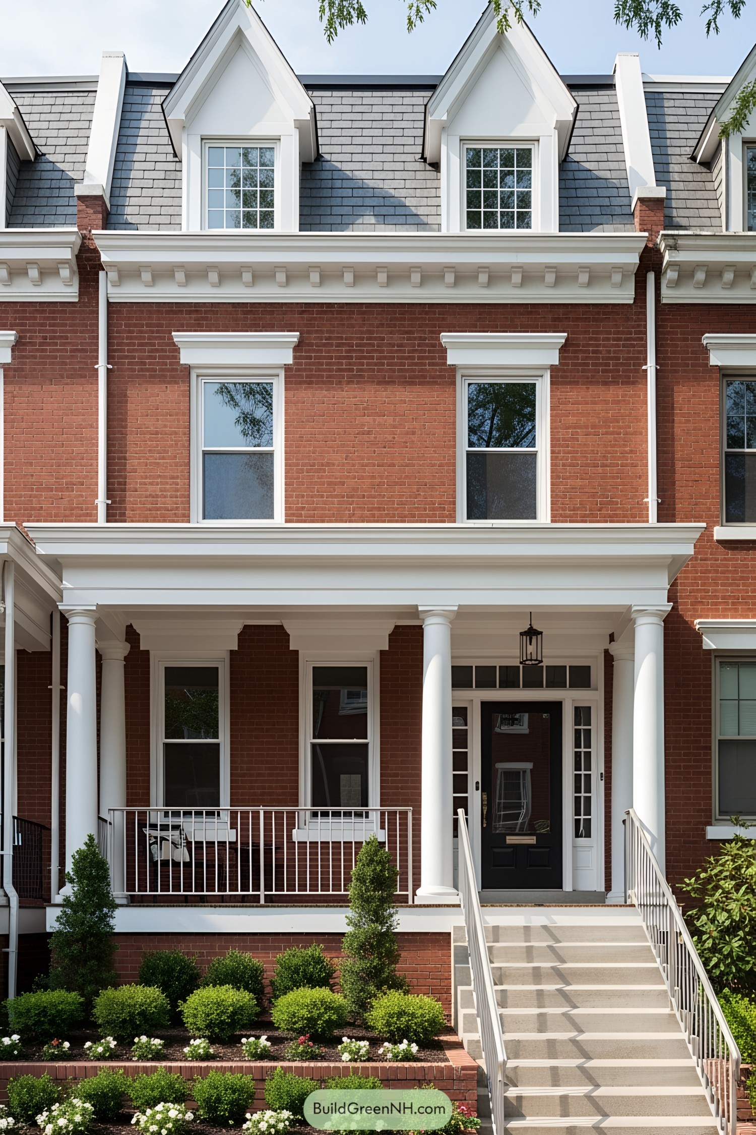 Brick facade row house with lush greenery