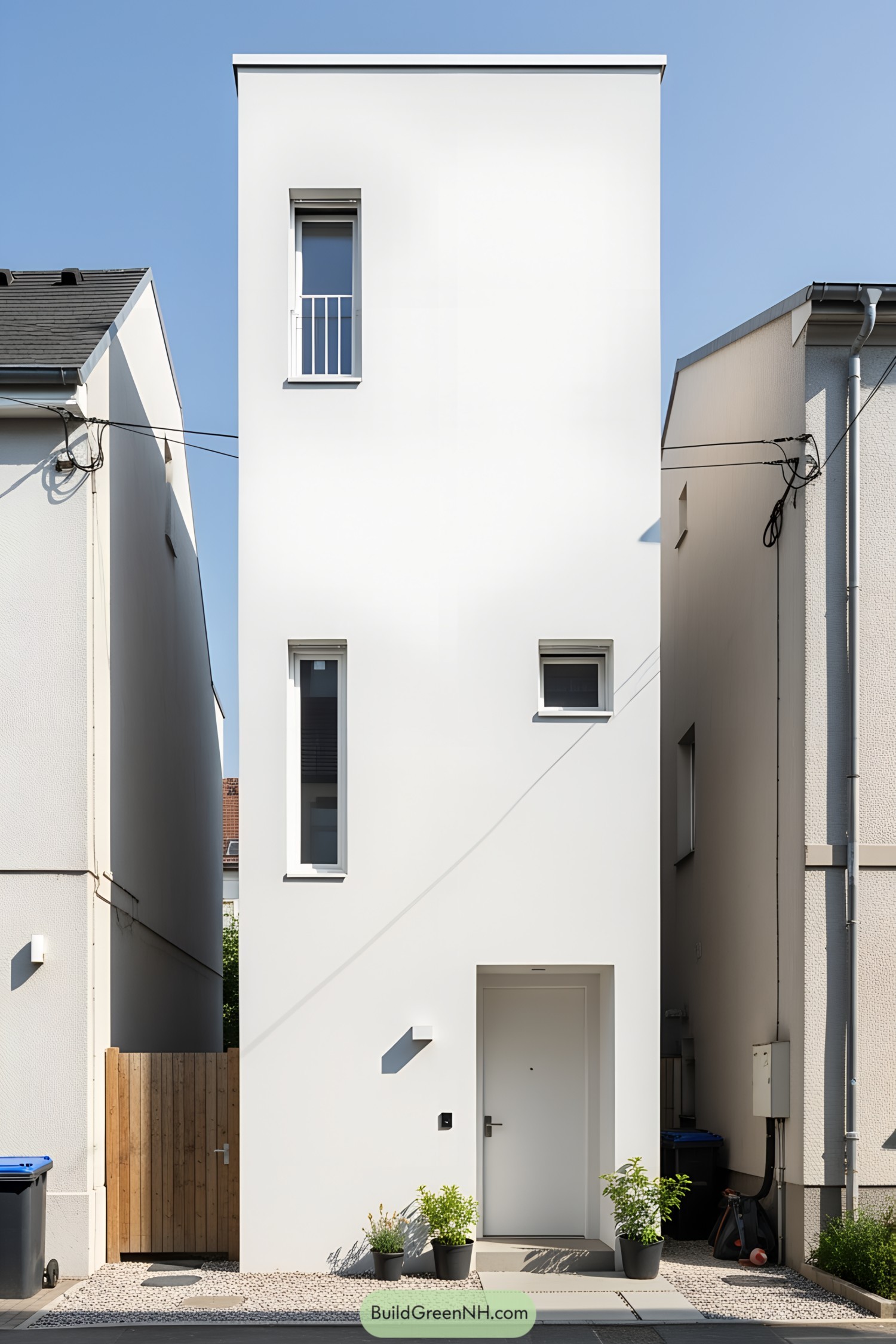 Tall, sleek, white facade of a modern row house