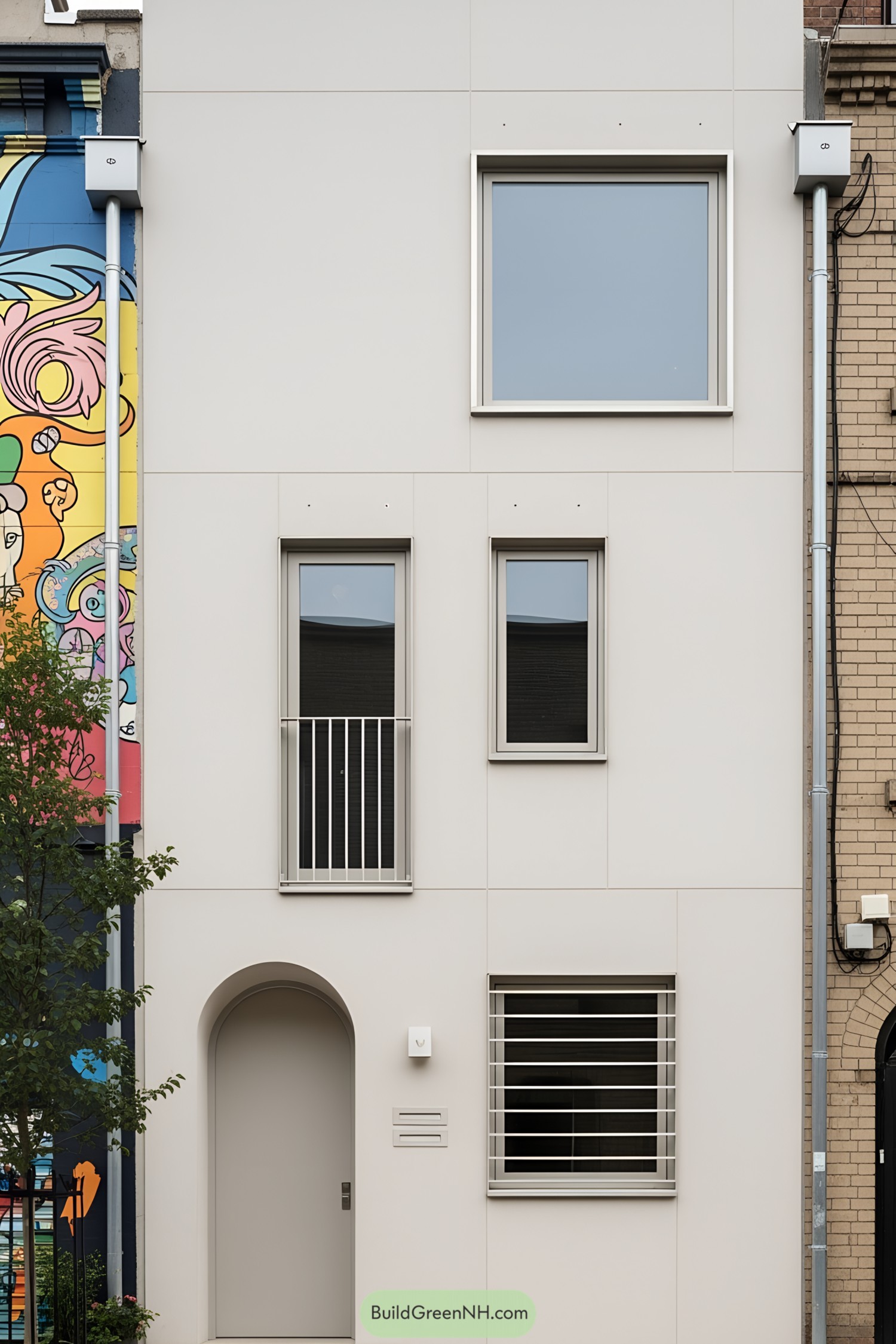 Compact modern row house with minimalist design and colorful mural