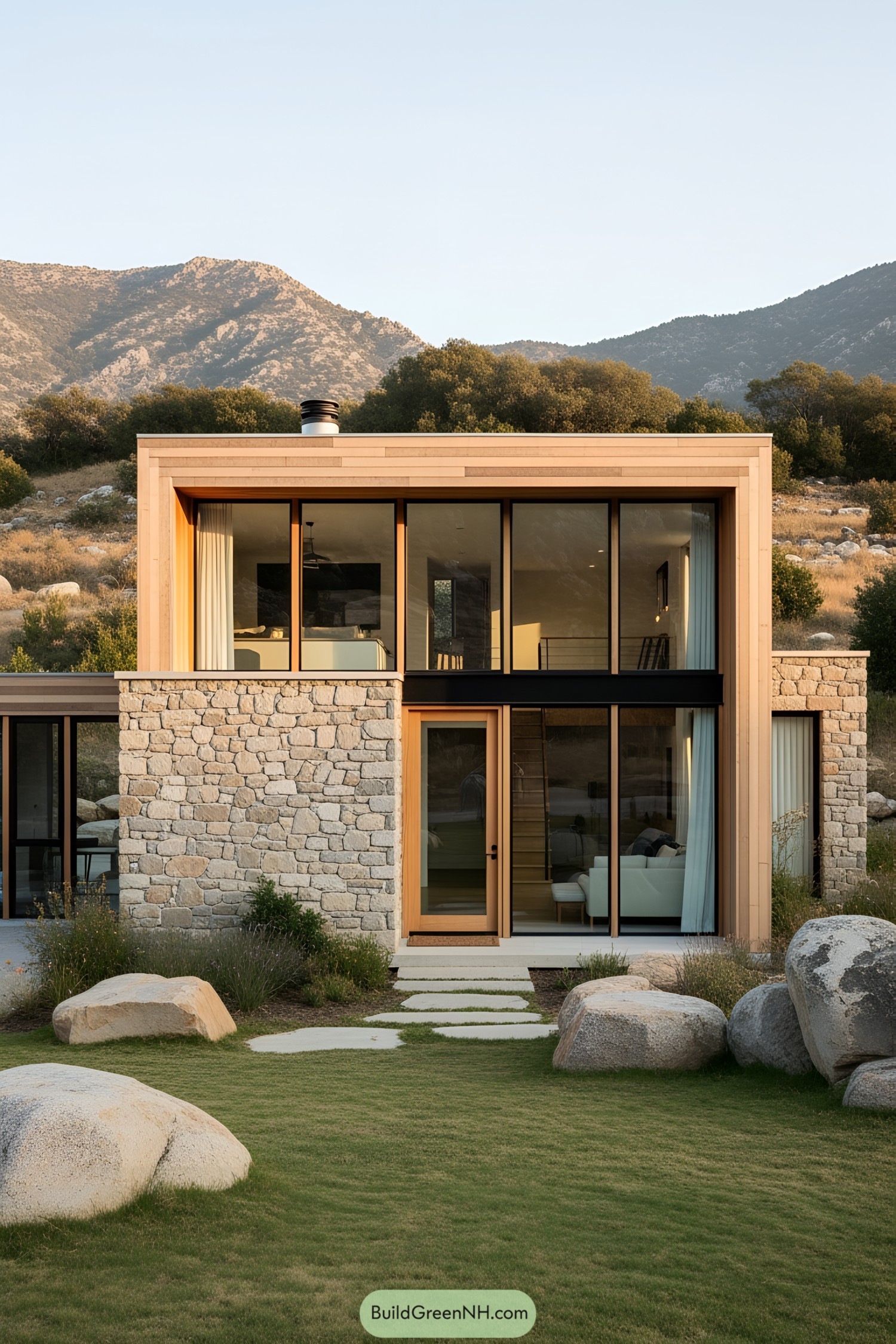 Modern stone house with large windows and a mountain backdrop