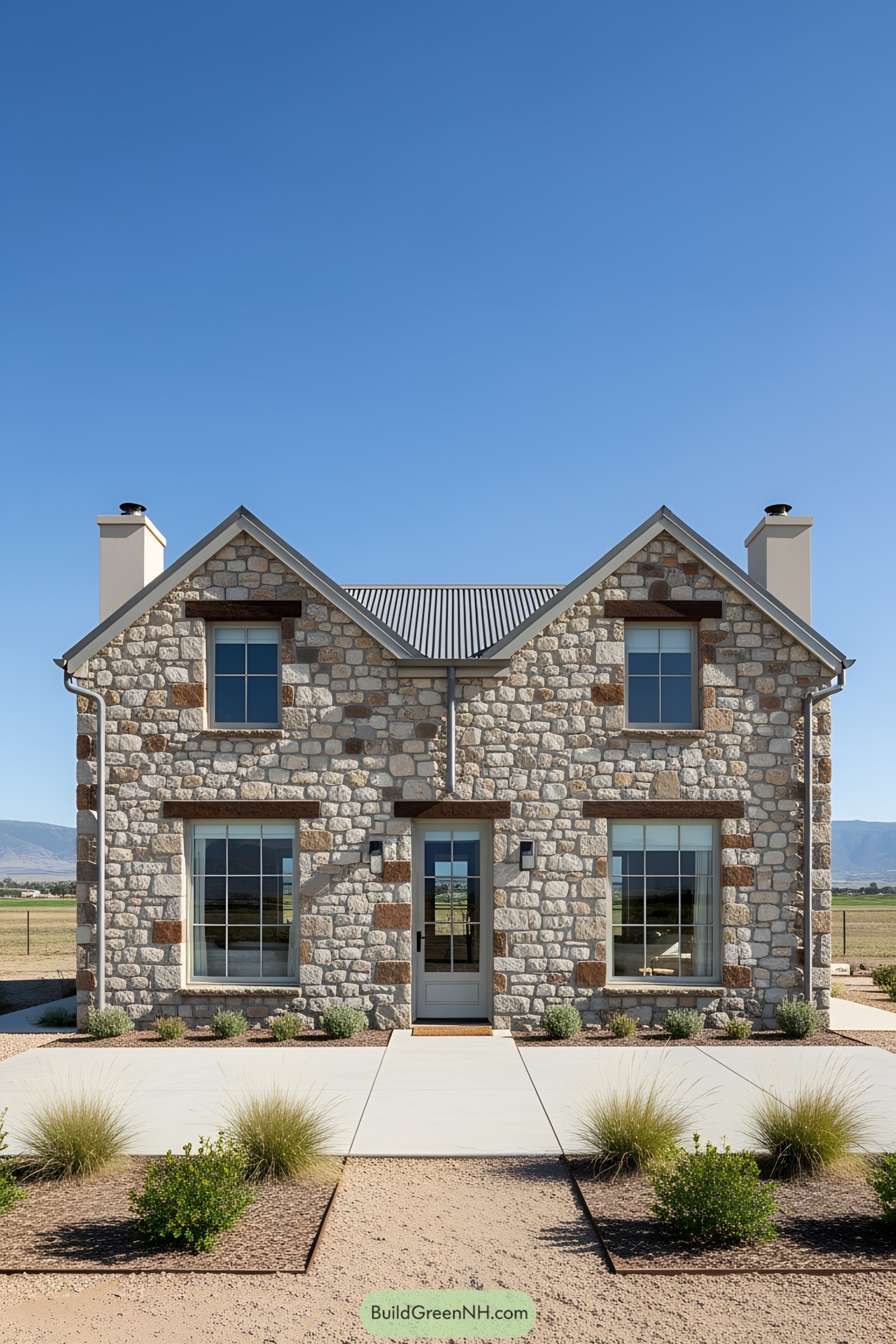 Charming small stone house on a clear day
