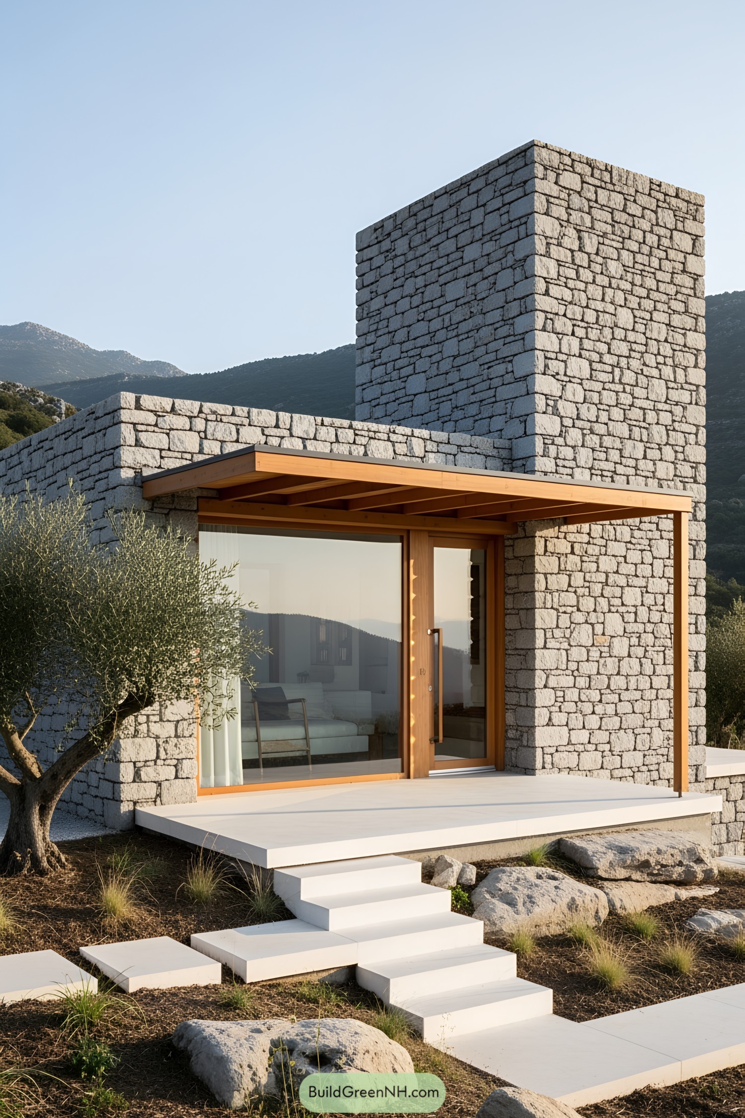 Small stone house with large glass door and wooden accents