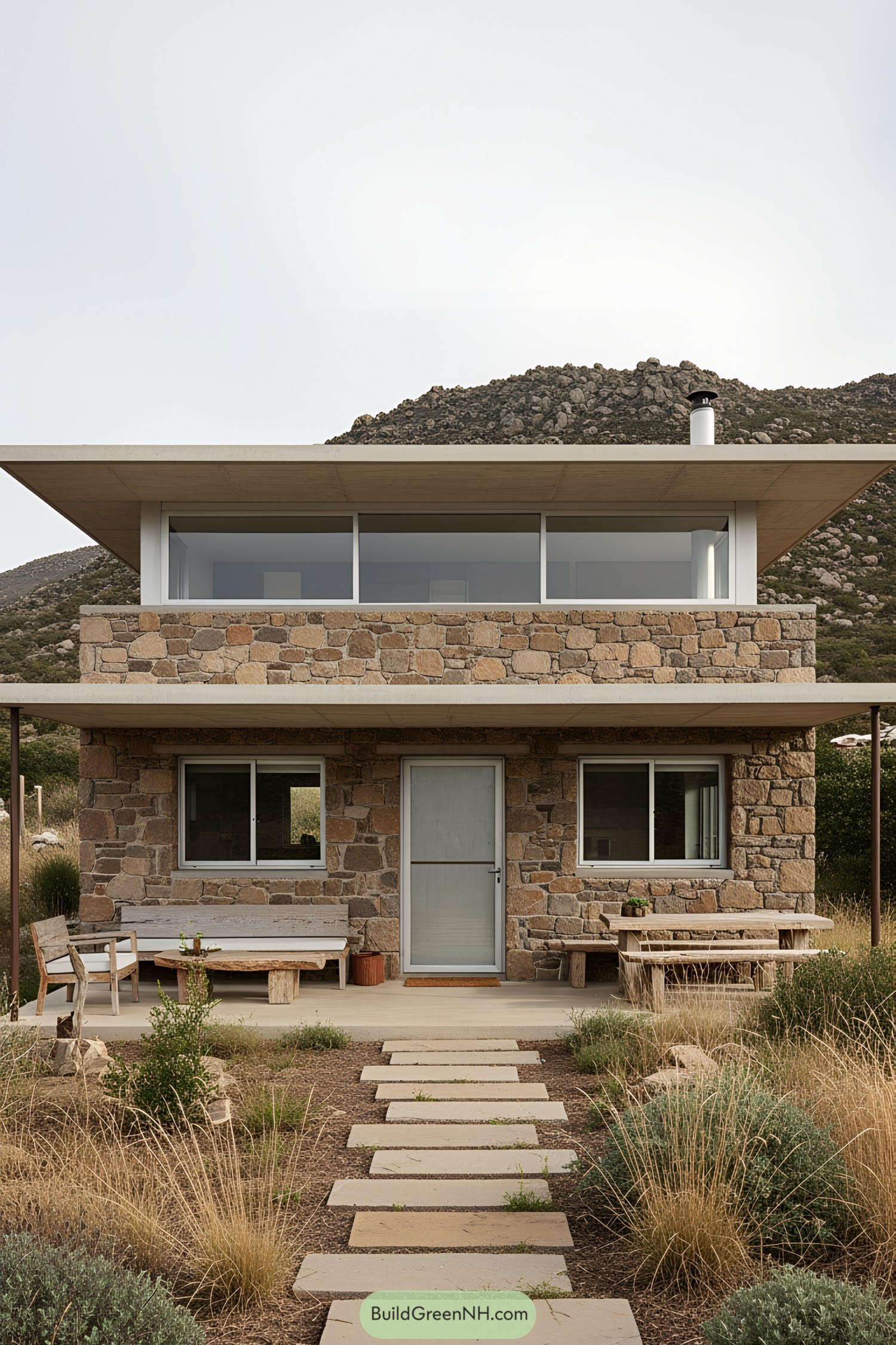 Small stone house with a modern design and mountain backdrop