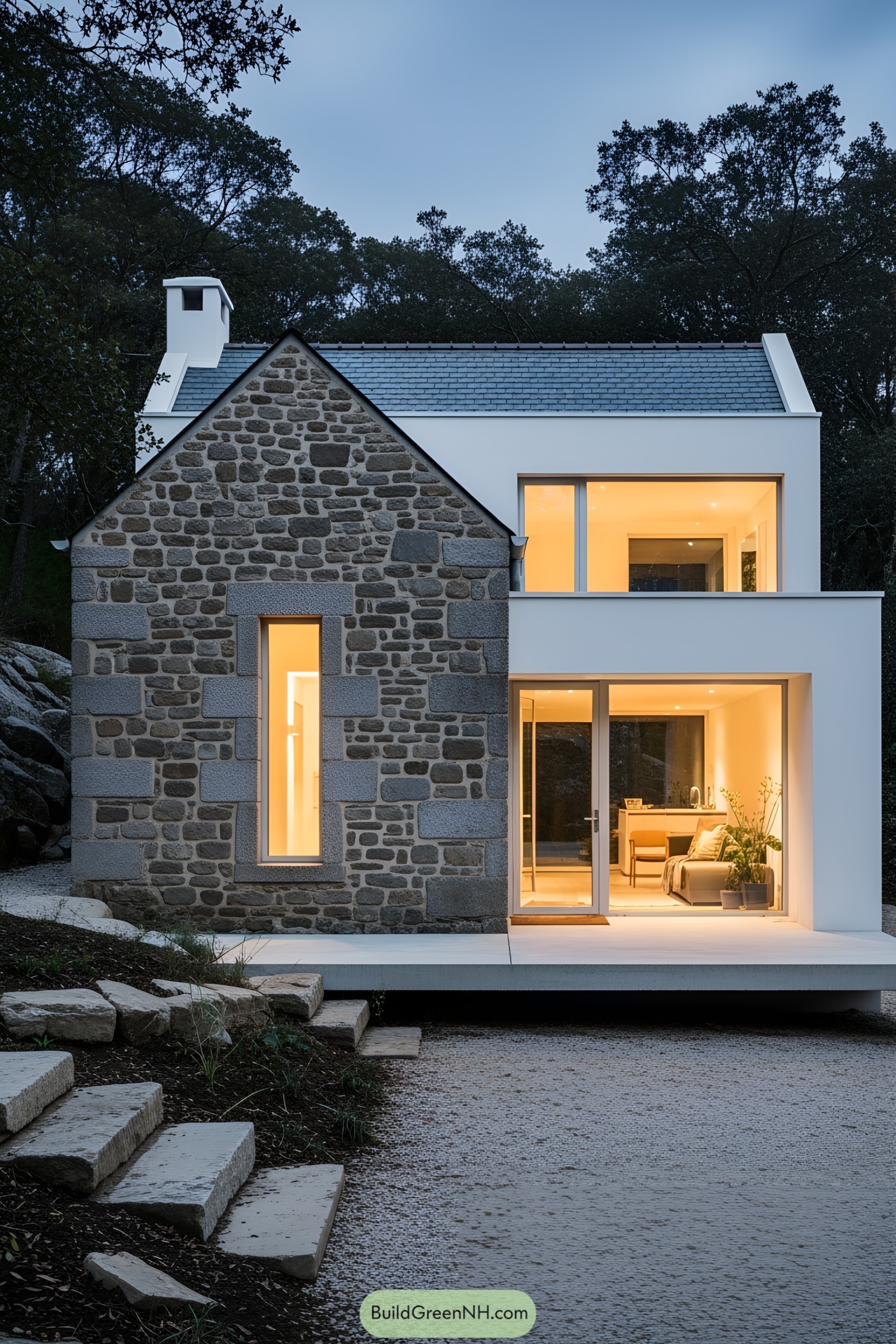 Small stone house with modern white accents