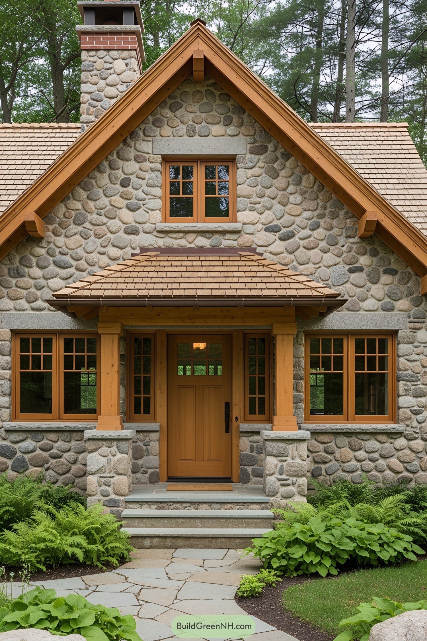Charming small stone house with a wooden door and greenery