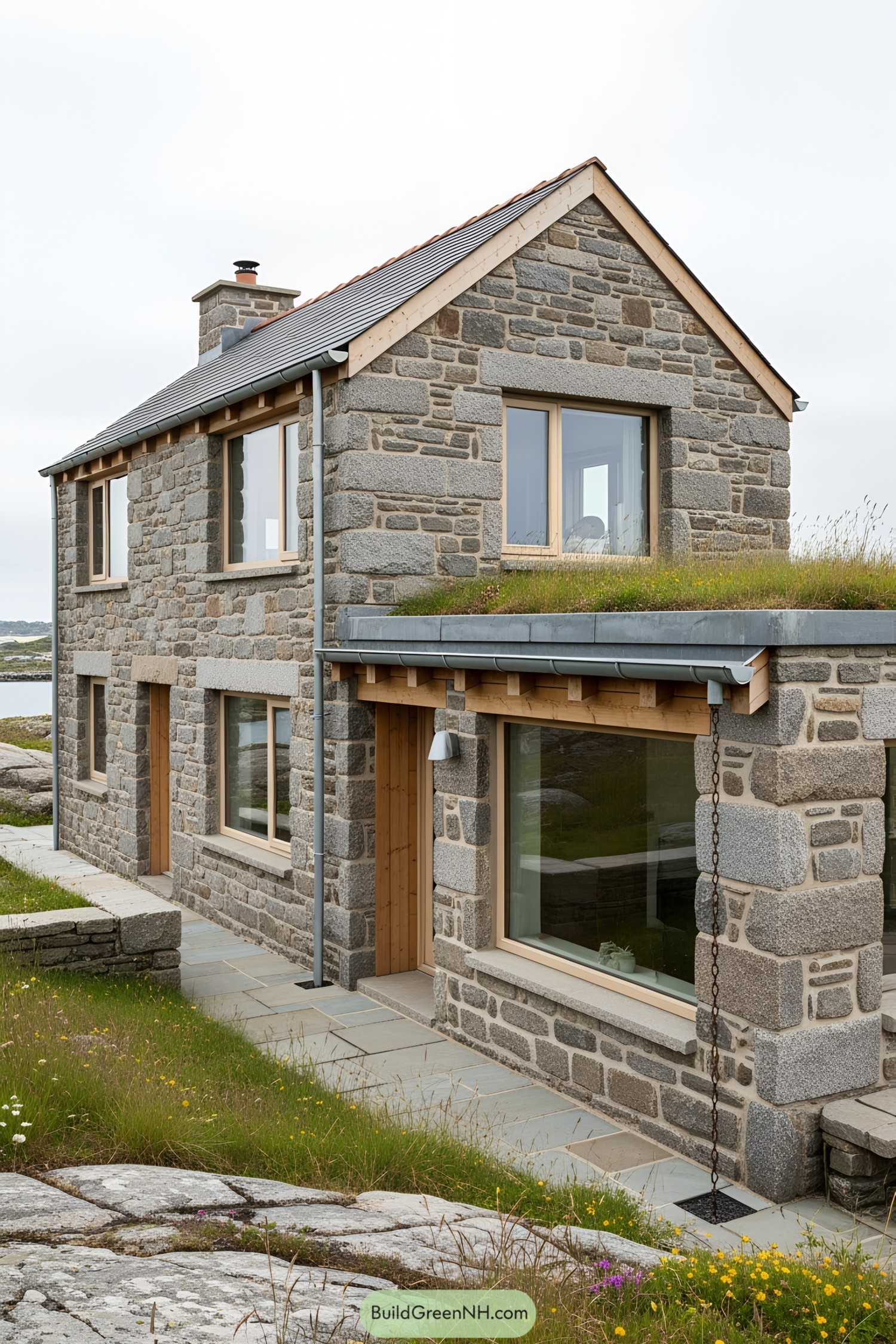Stone house with wooden accents and a grassy roof