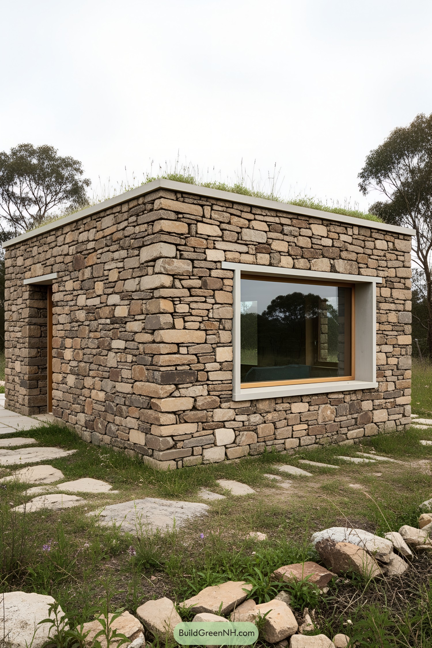 Small stone house with a flat grassy roof
