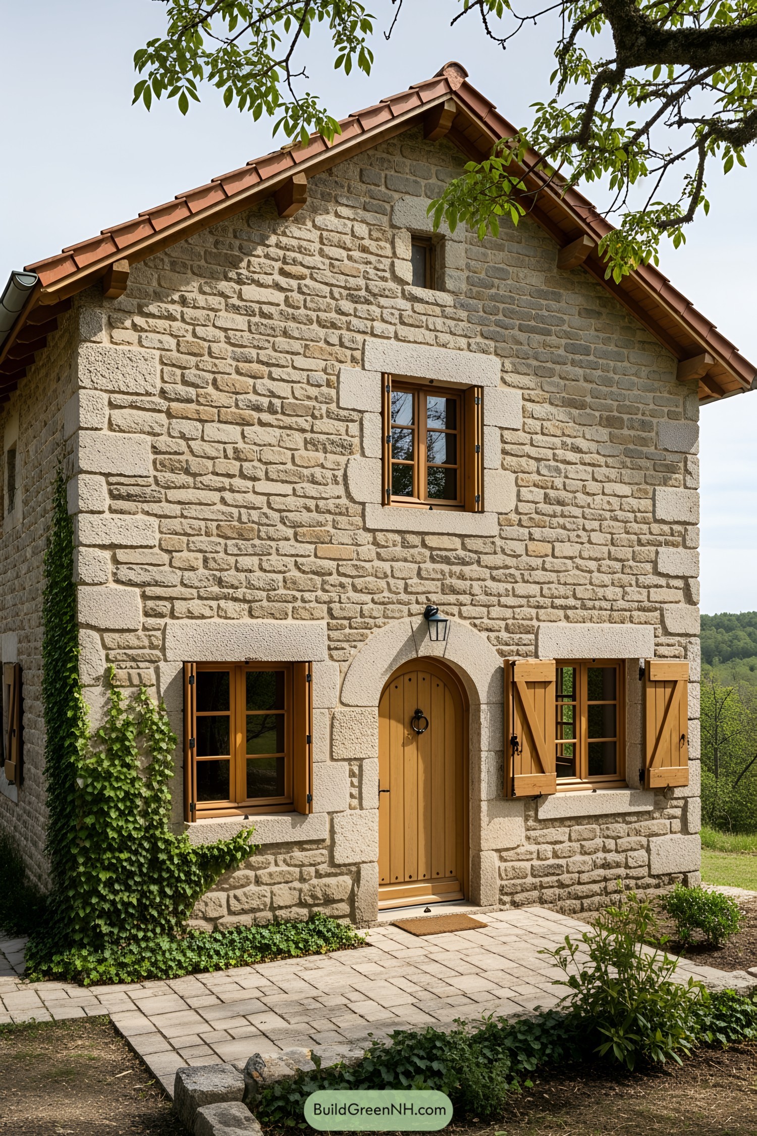 Quaint stone house with wooden shutters