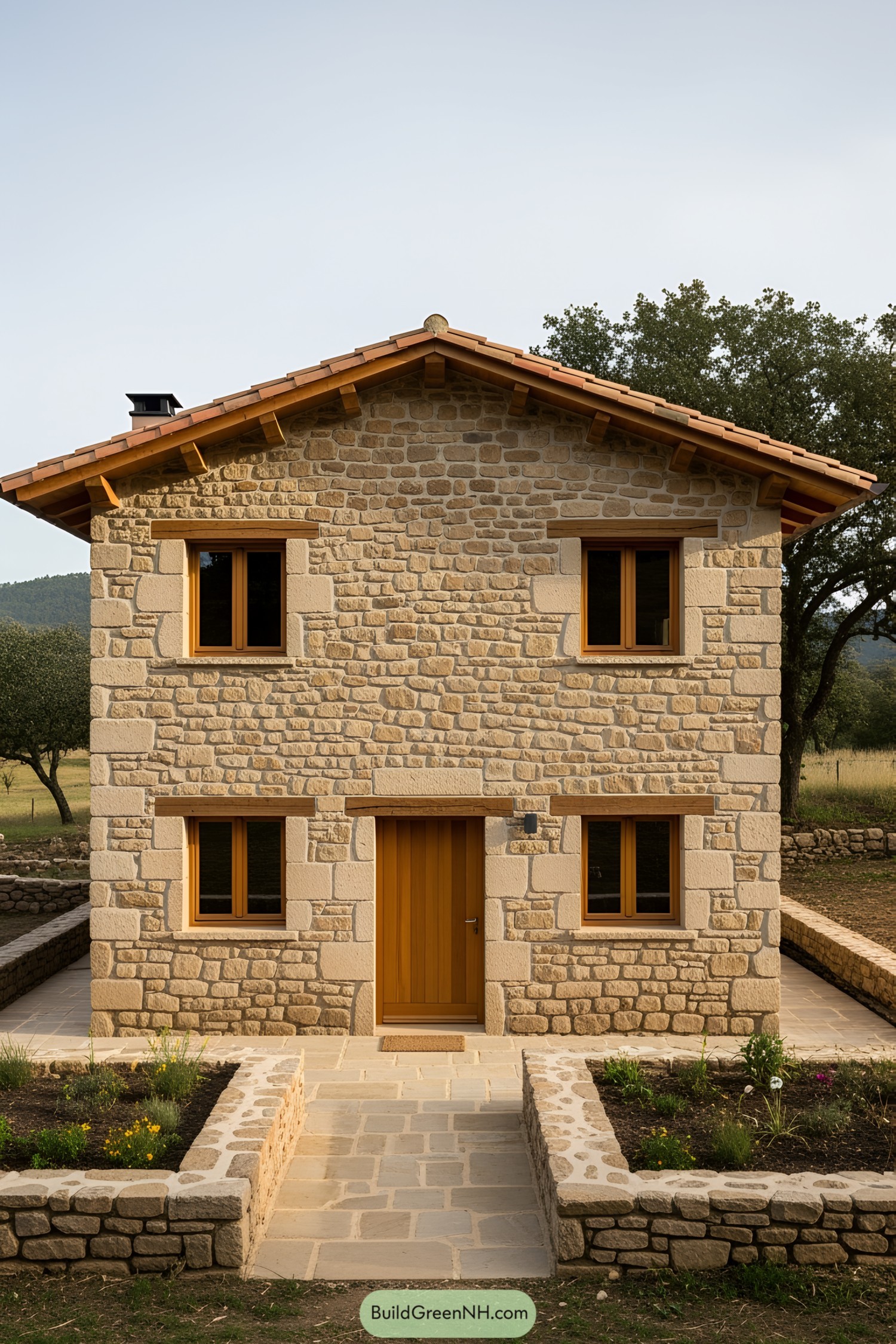 Small stone house with a wooden door and windows, surrounded by greenery
