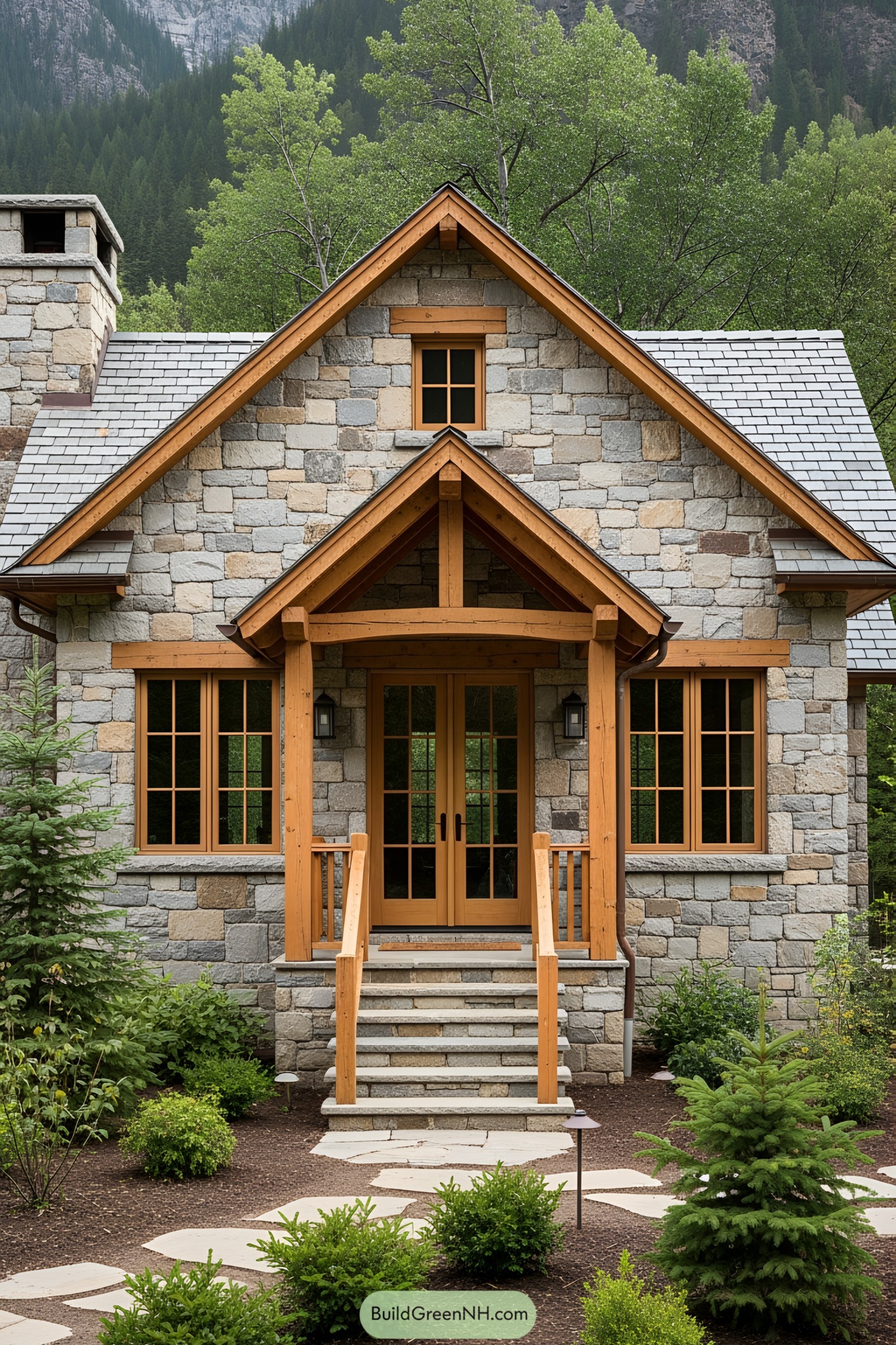 Charming small stone house with wooden accents surrounded by greenery