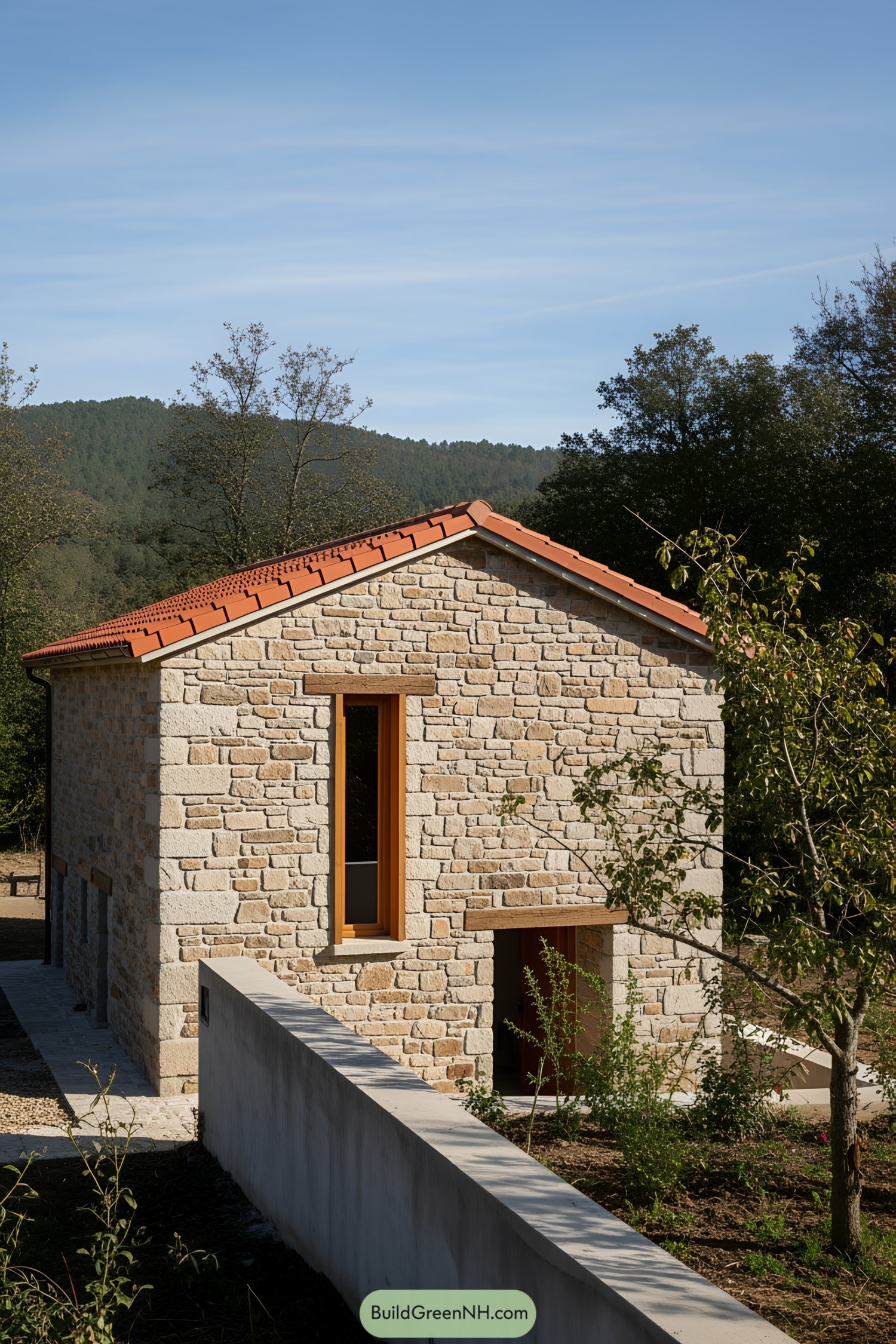 Charming small stone house with a red roof