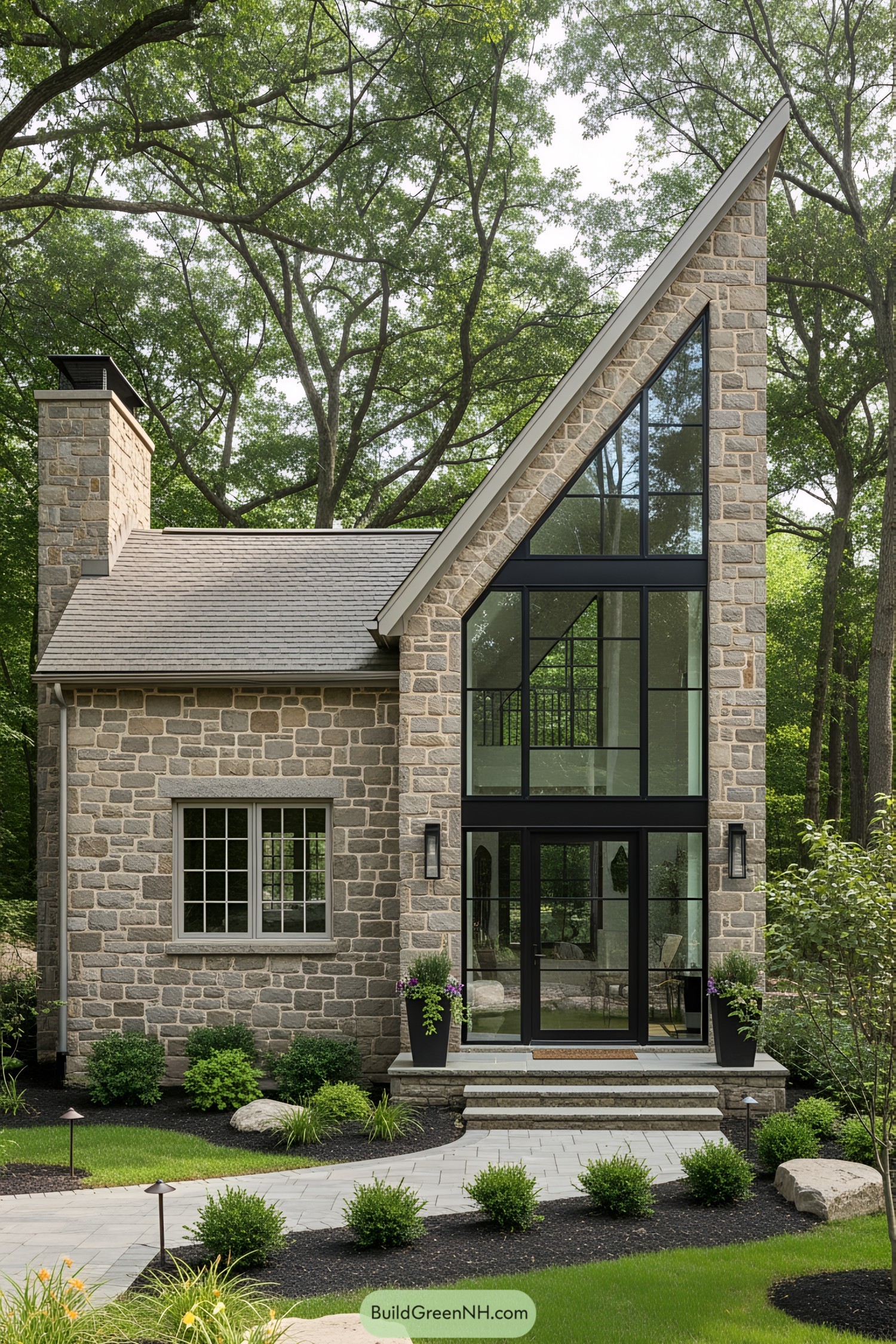 Cozy stone house with large windows nestled in a forest setting