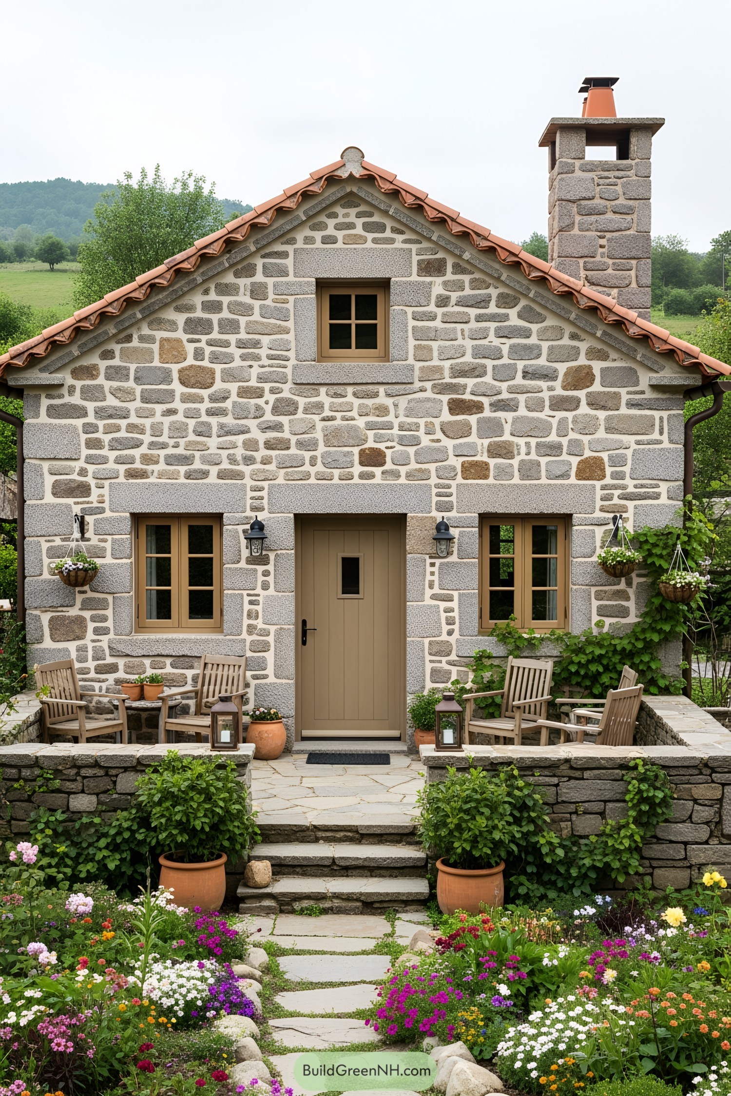 Charming stone cottage with wooden door and cozy patio
