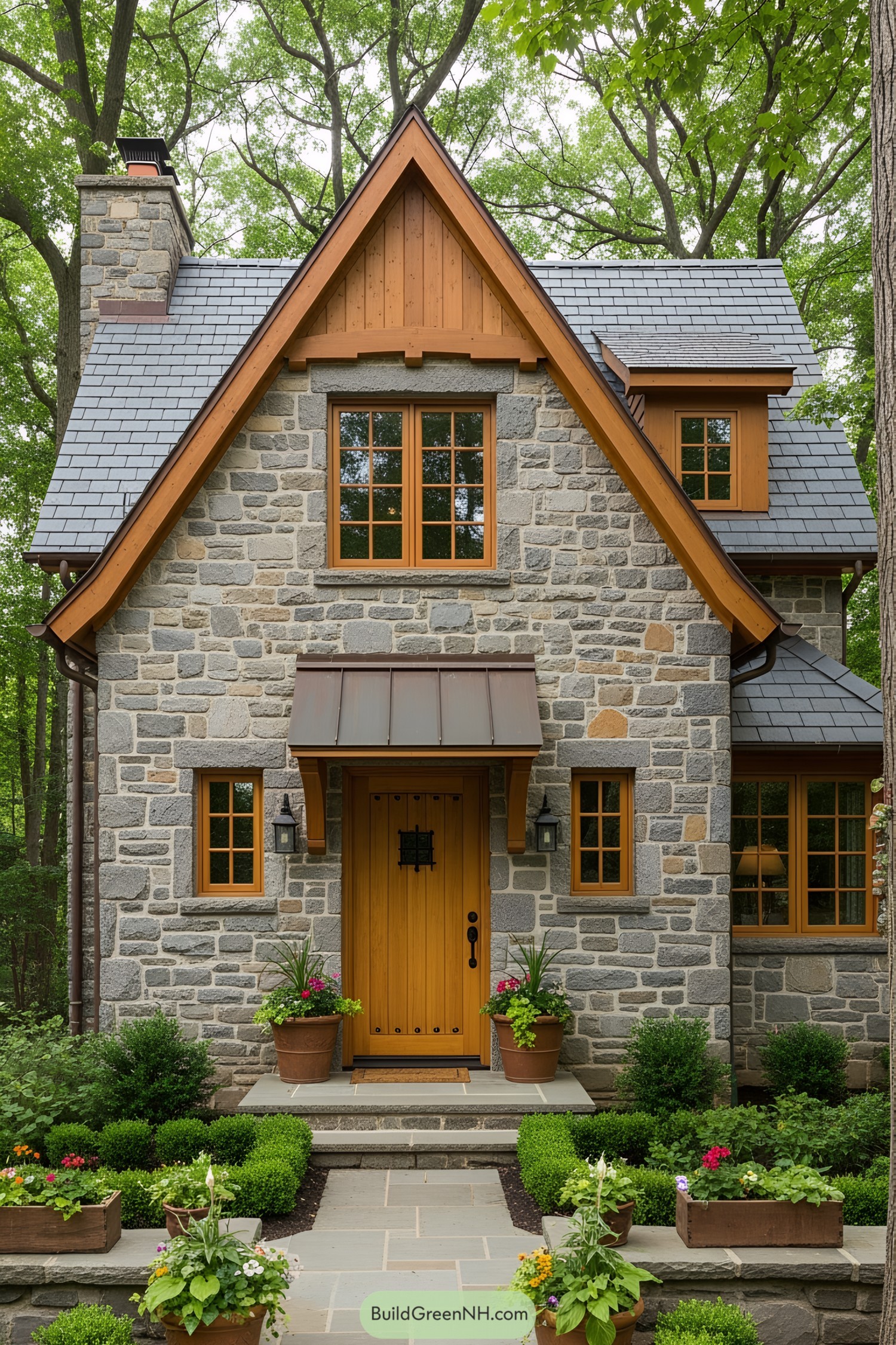 Charming small stone house nestled among trees