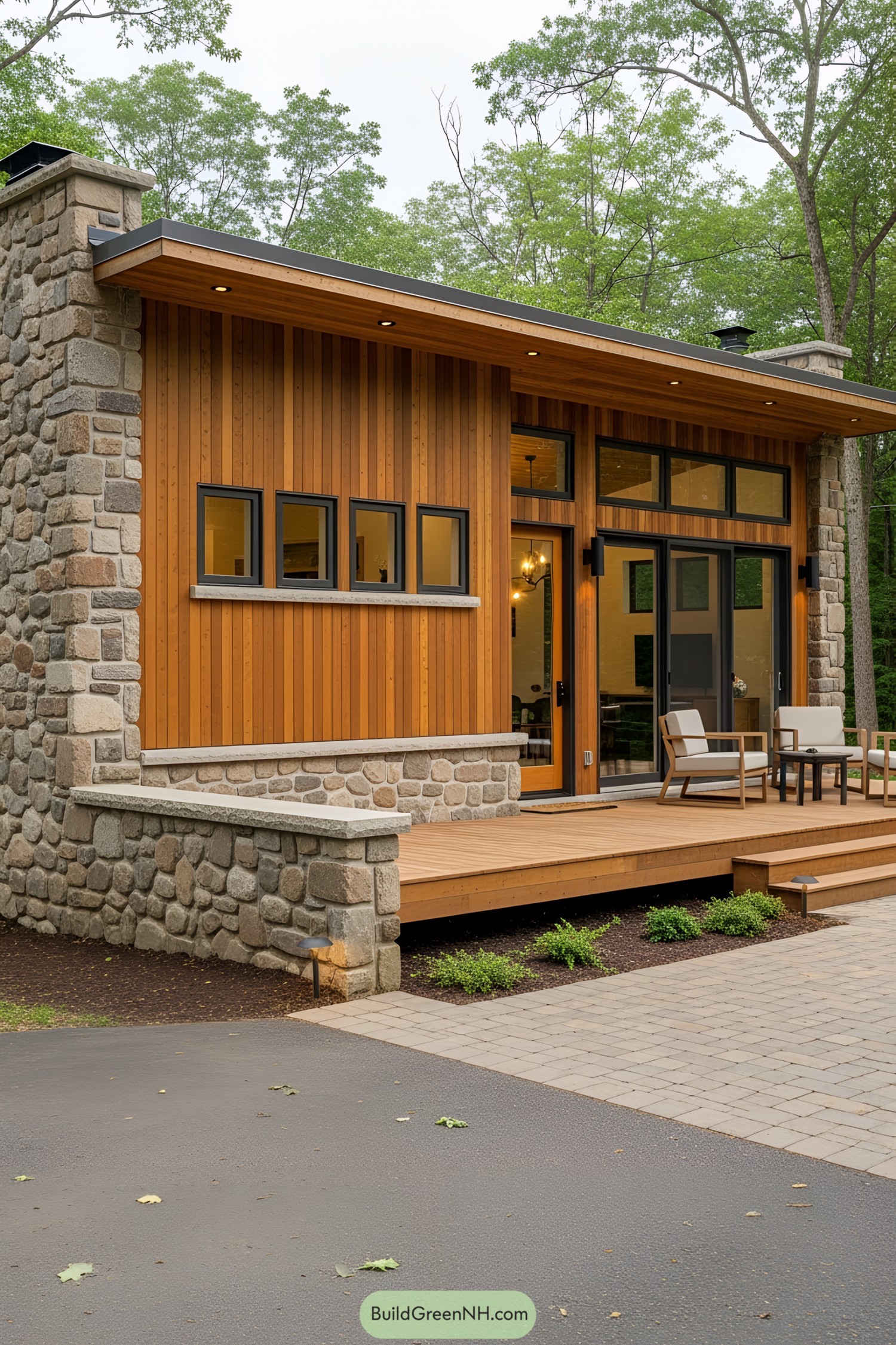 Small stone house with wooden accents and a cozy deck