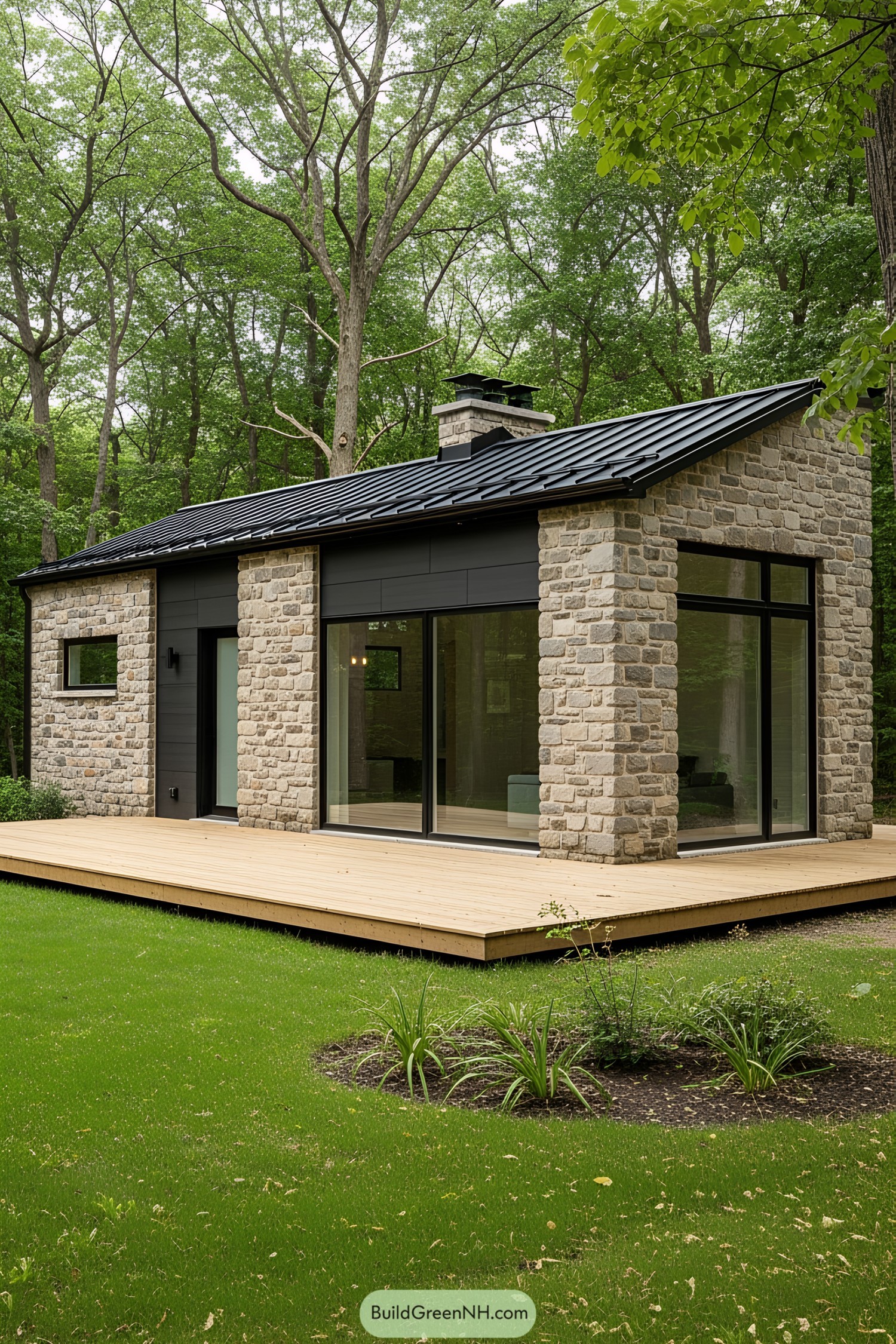 Small rustic stone house with modern glass doors, surrounded by lush greenery