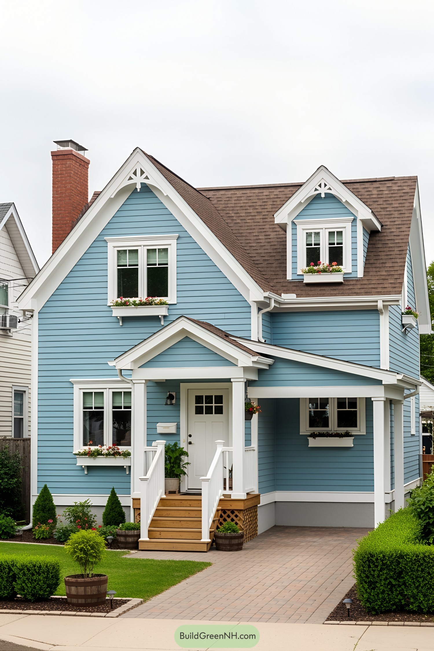 A charming blue house with a peaked roof and white trim