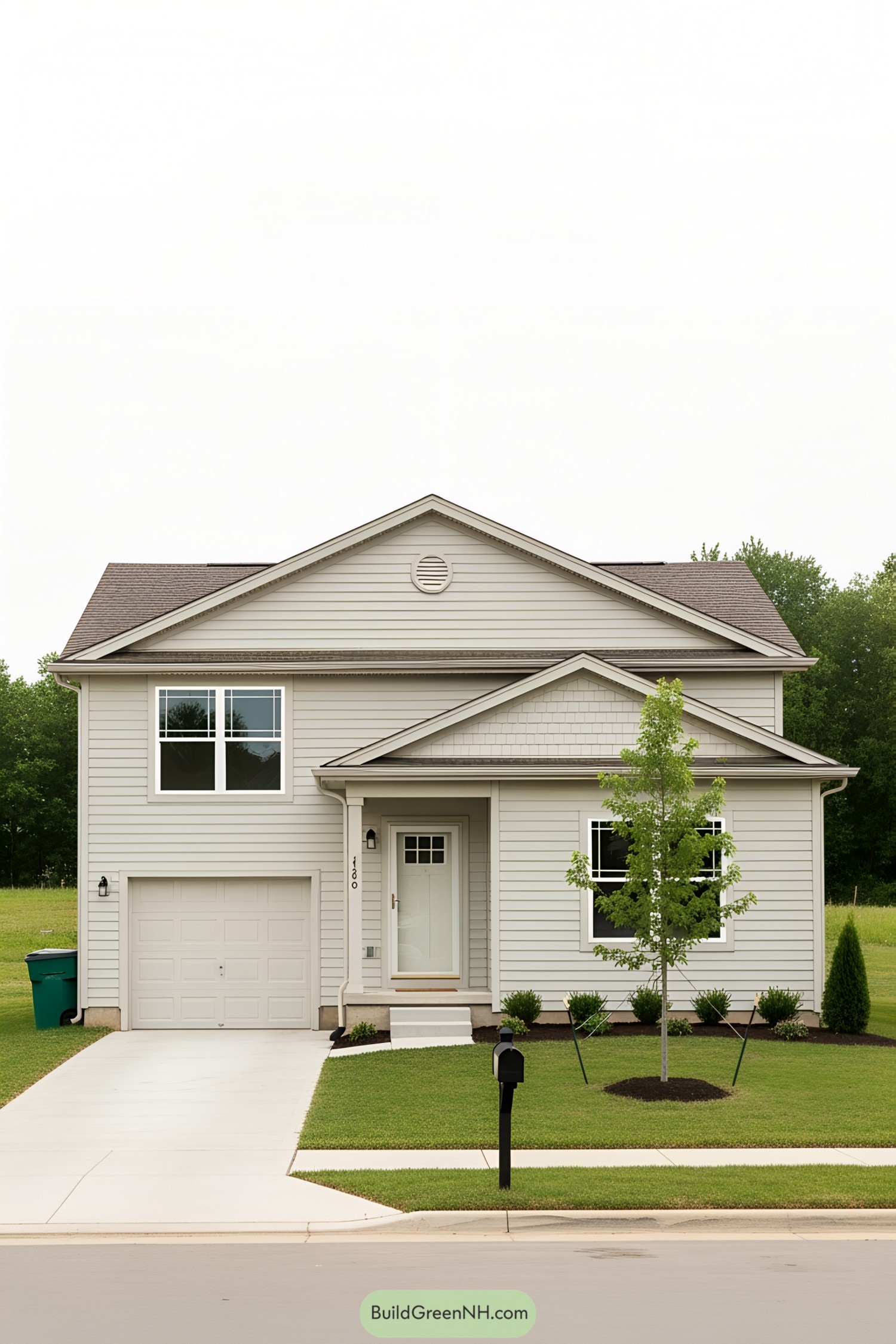 Two-story beige house with manicured lawn and a lone tree