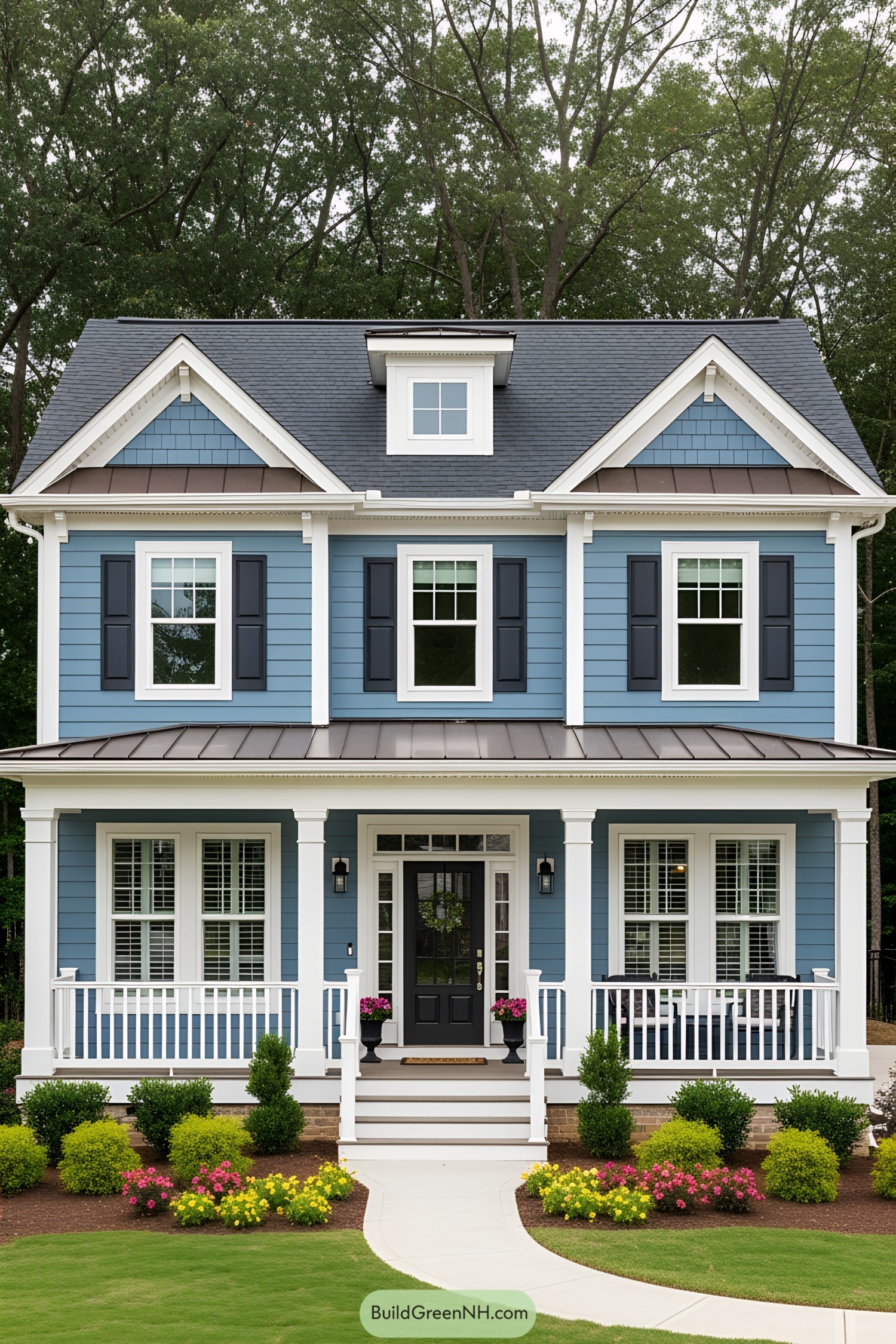 Charming small blue house with white trim and porch