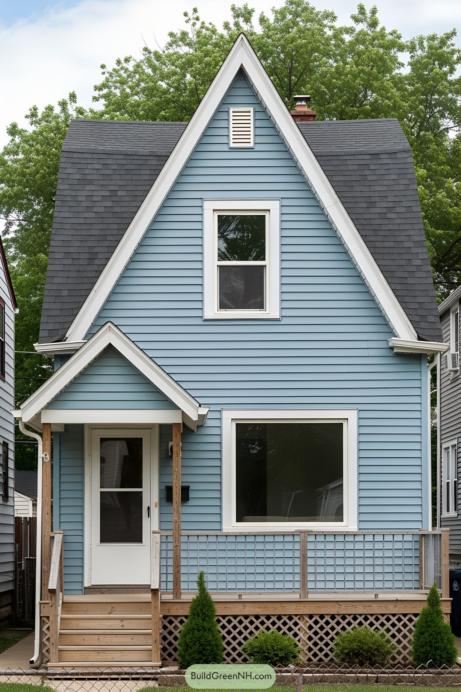 A charming blue A-frame house with a steep roof and welcoming porch