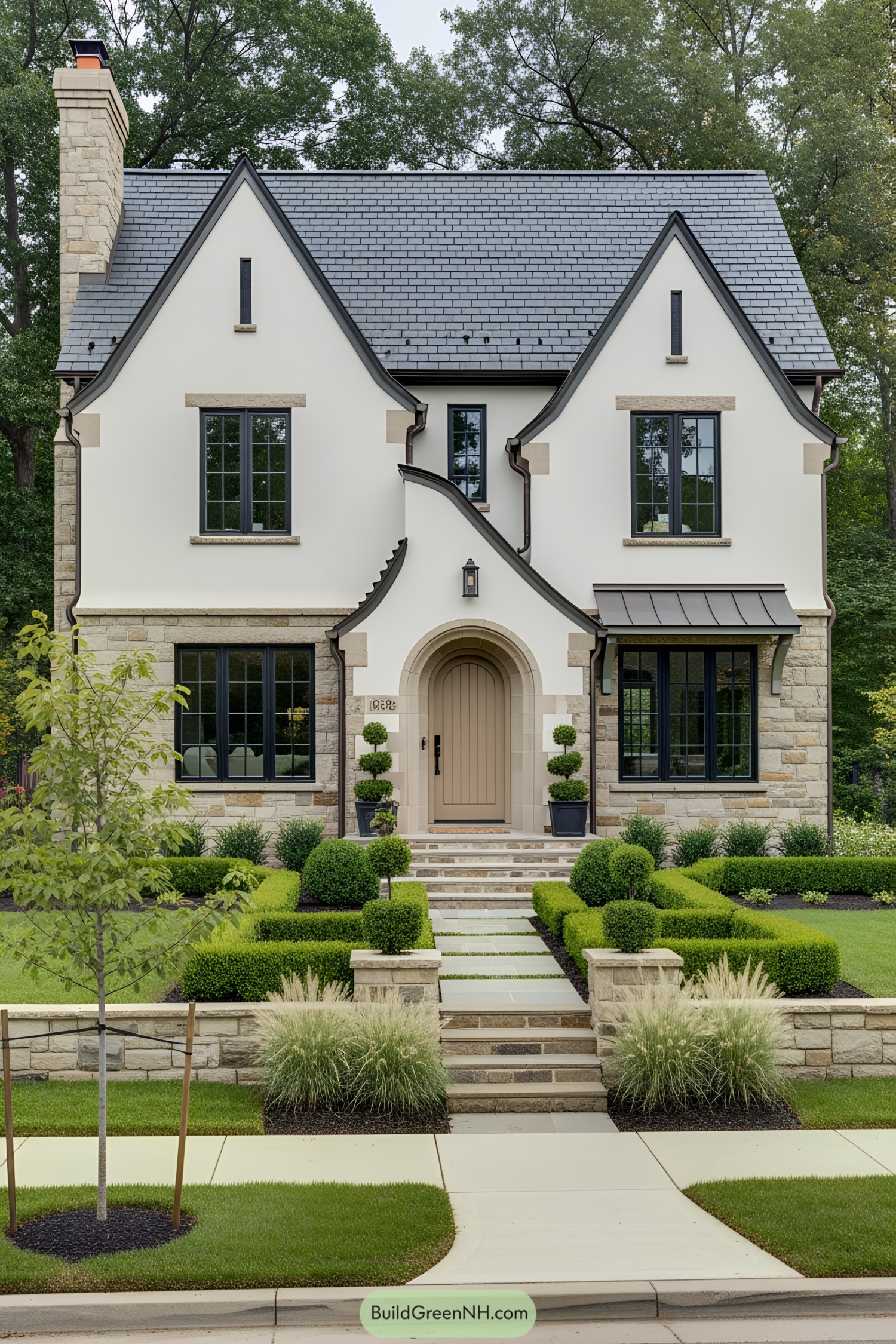 Elegant suburban house with a manicured garden