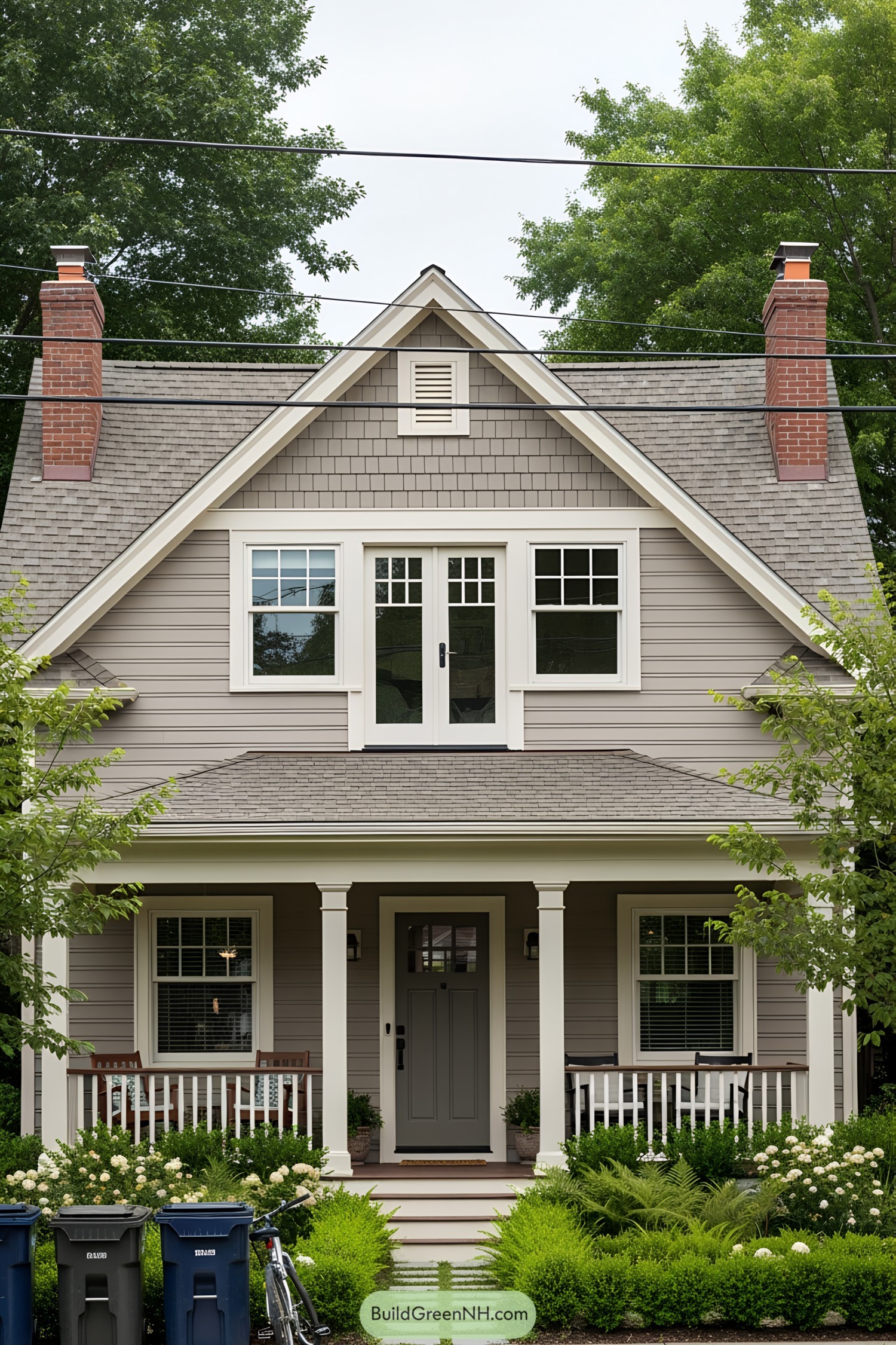 Small suburban house with a porch and gabled roof