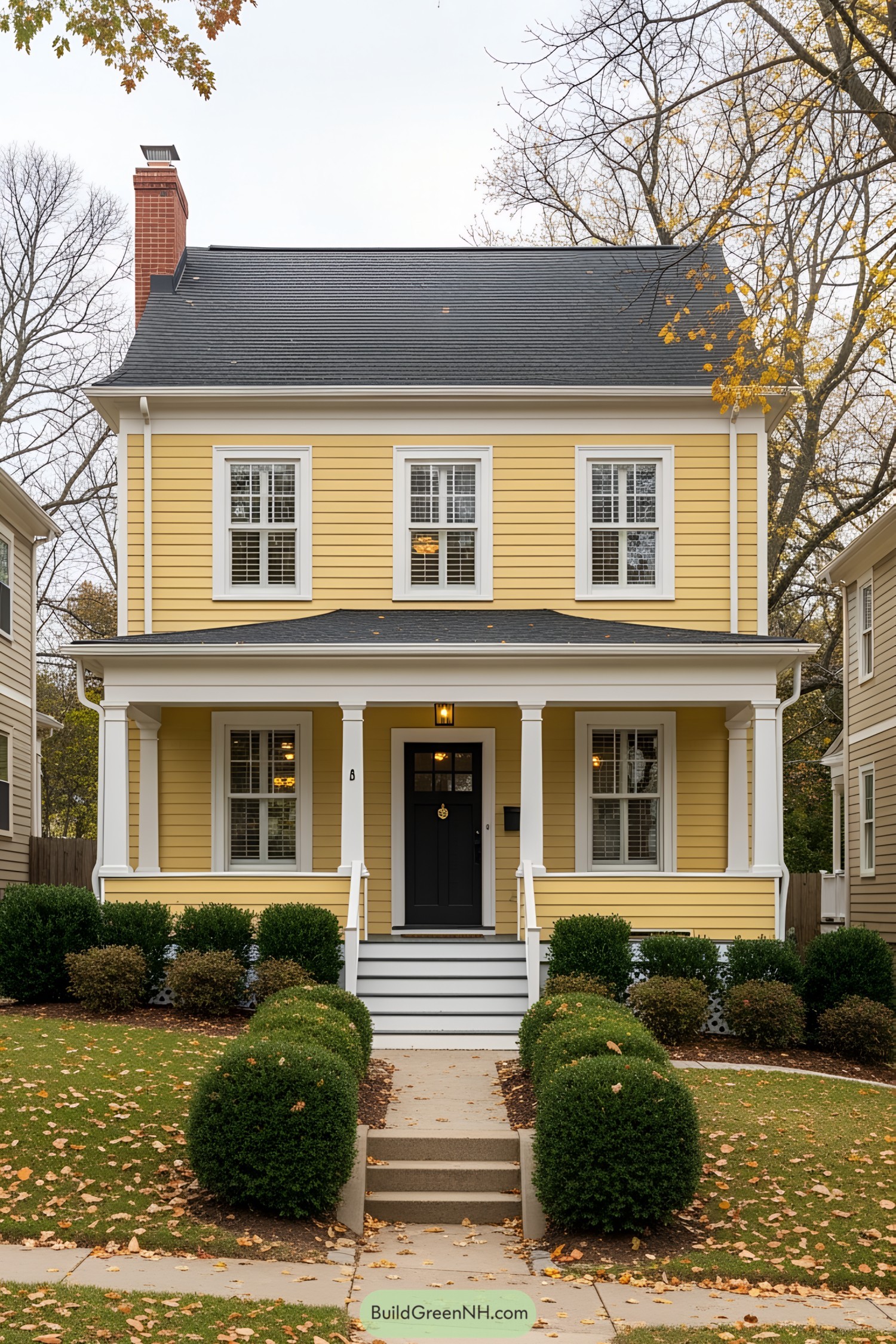 Yellow suburban house with front porch amid autumn leaves