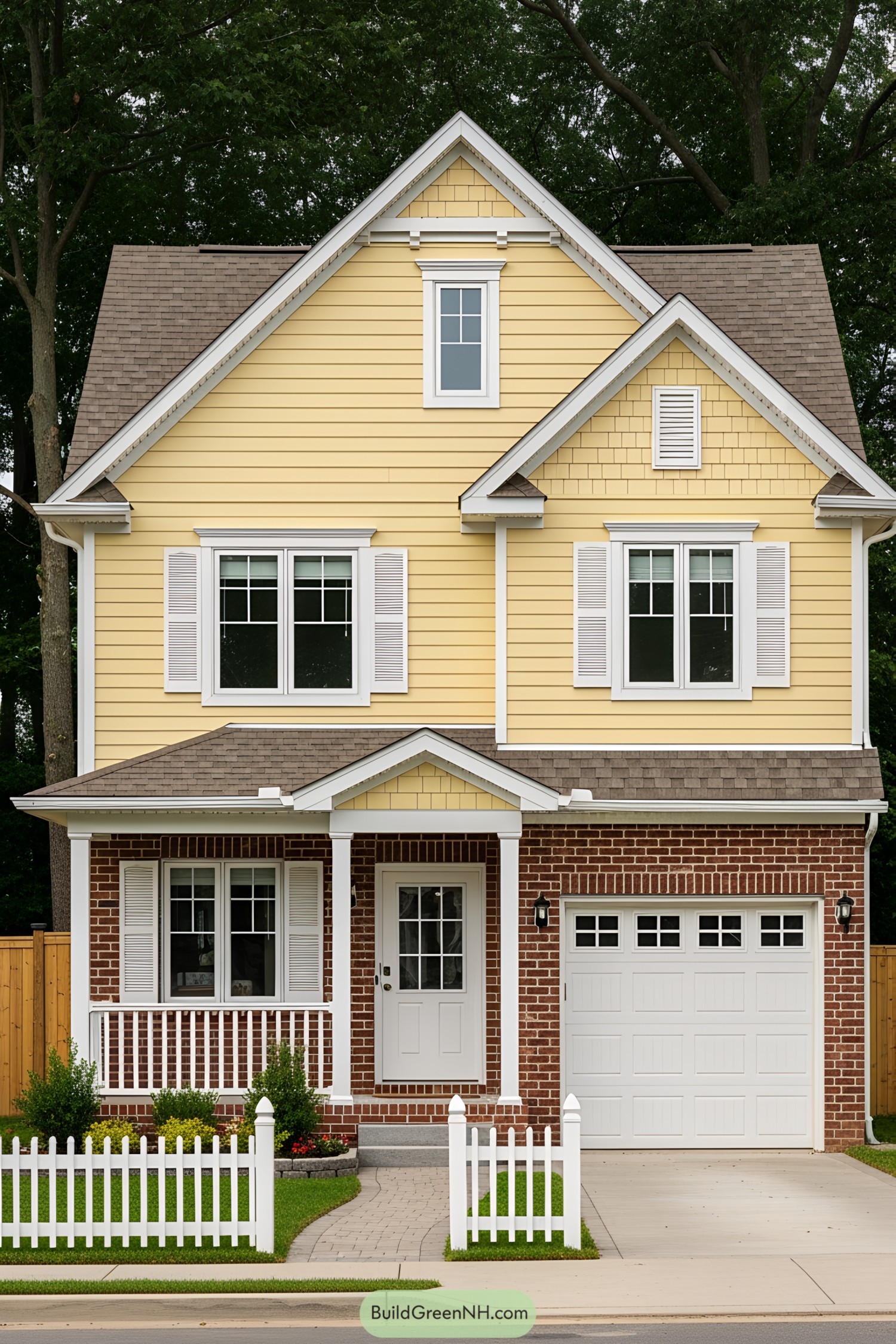 Yellow and brick suburban house with white accents and a small front garden