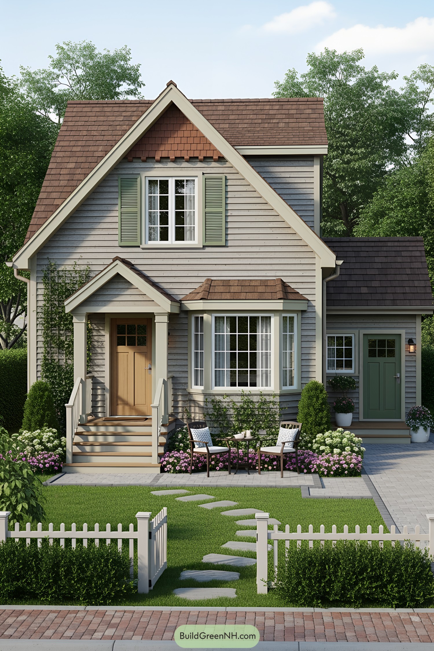Cozy gray house with green shutters and a charming front porch