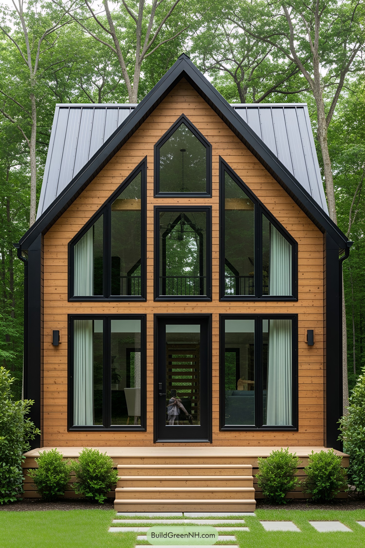 A modern A-frame house with large windows and wooden exterior