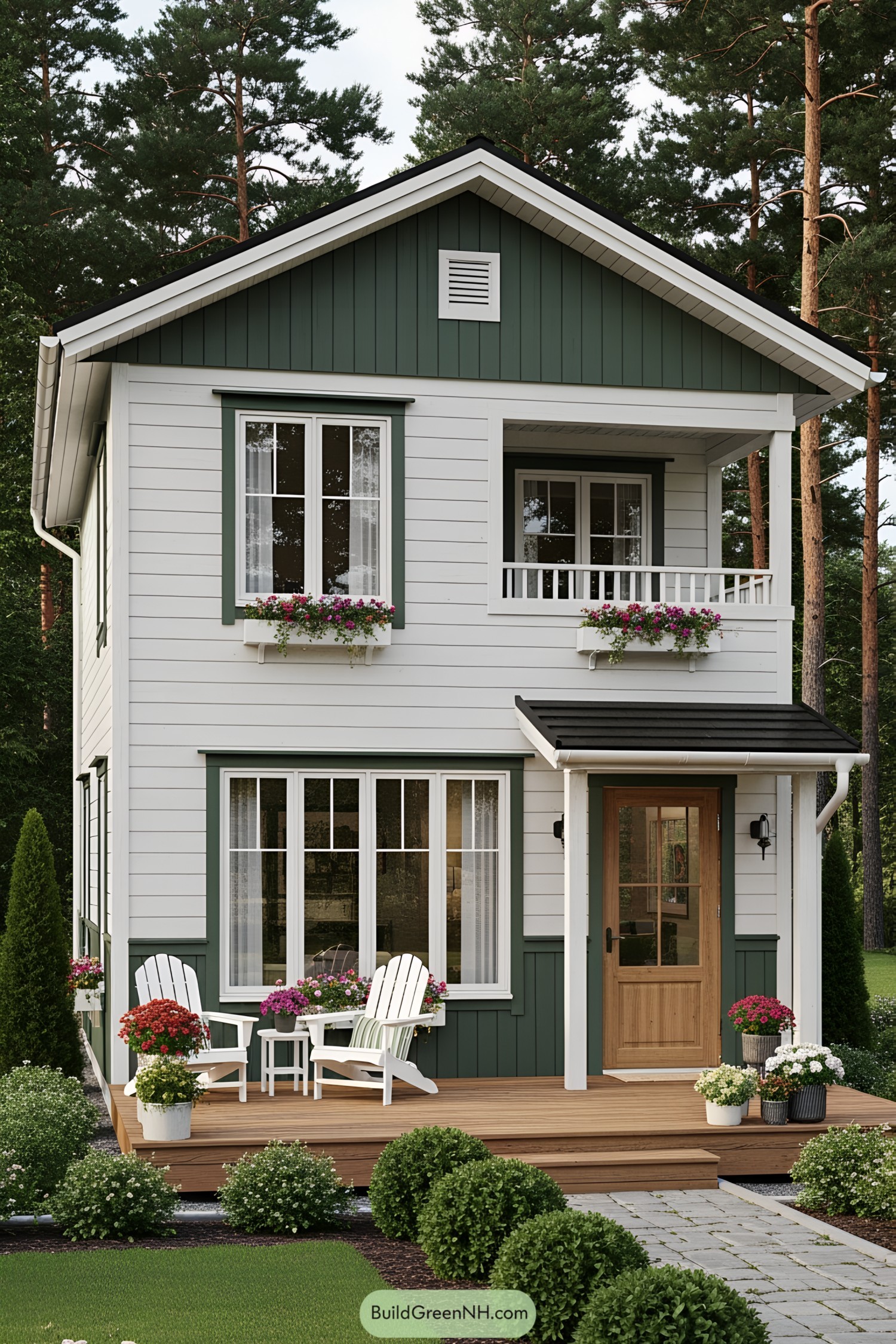 Two-story cottage with green and white exterior, surrounded by nature