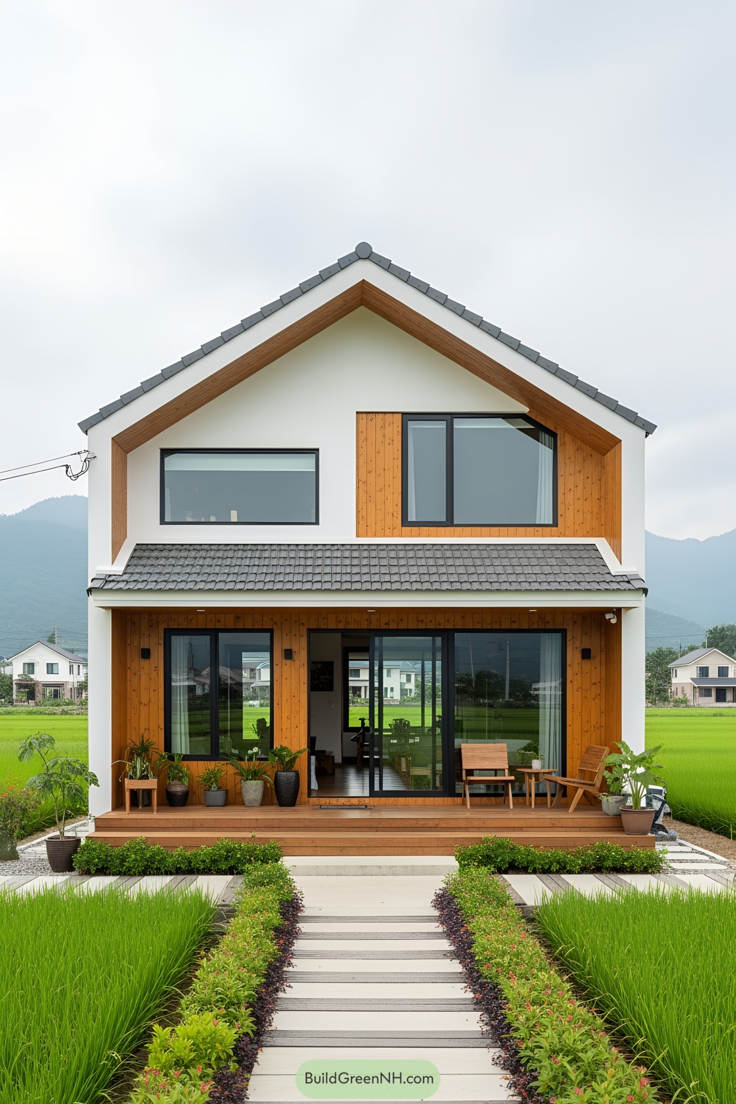 Modern village house with large windows and wood accents