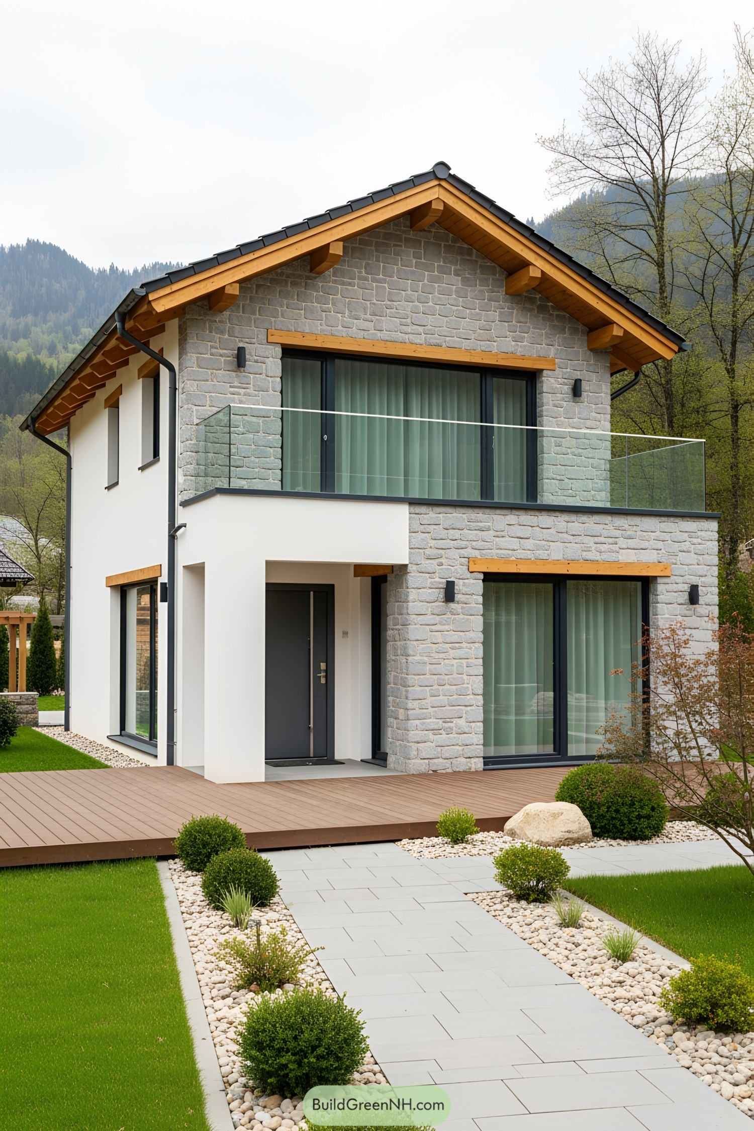 Modern two-story house with stone and glass features