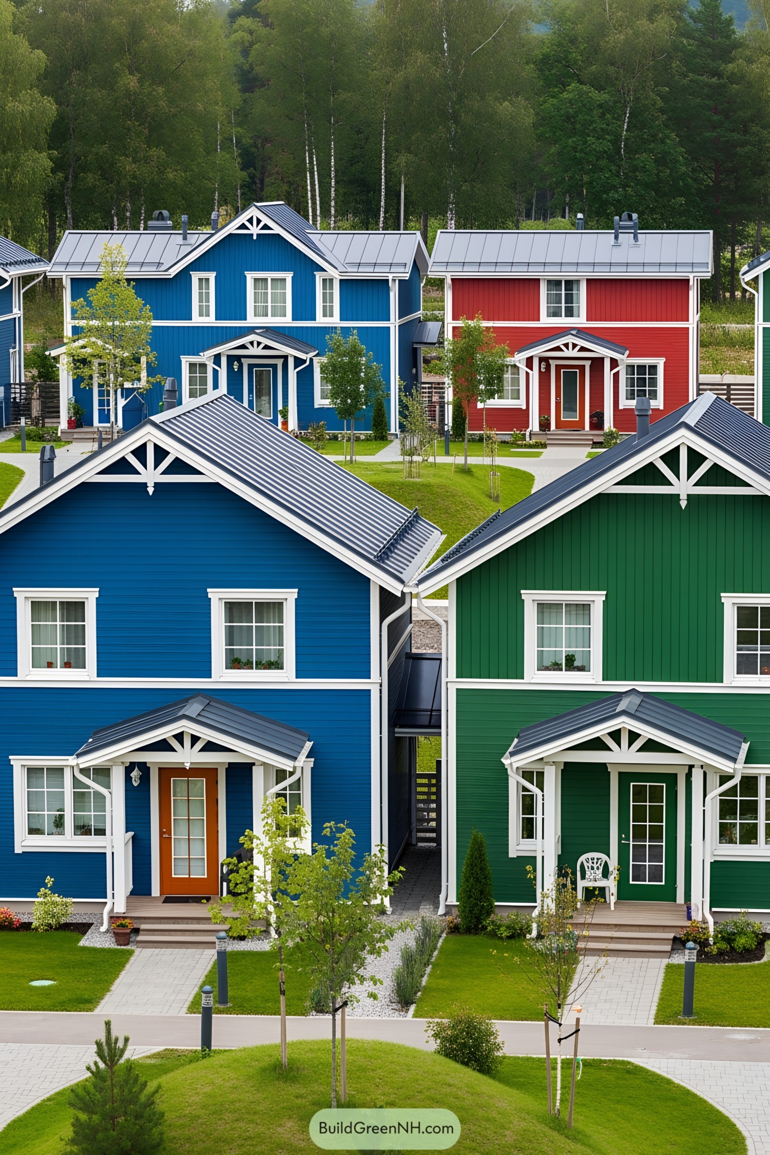 Brightly colored village houses with tidy lawns