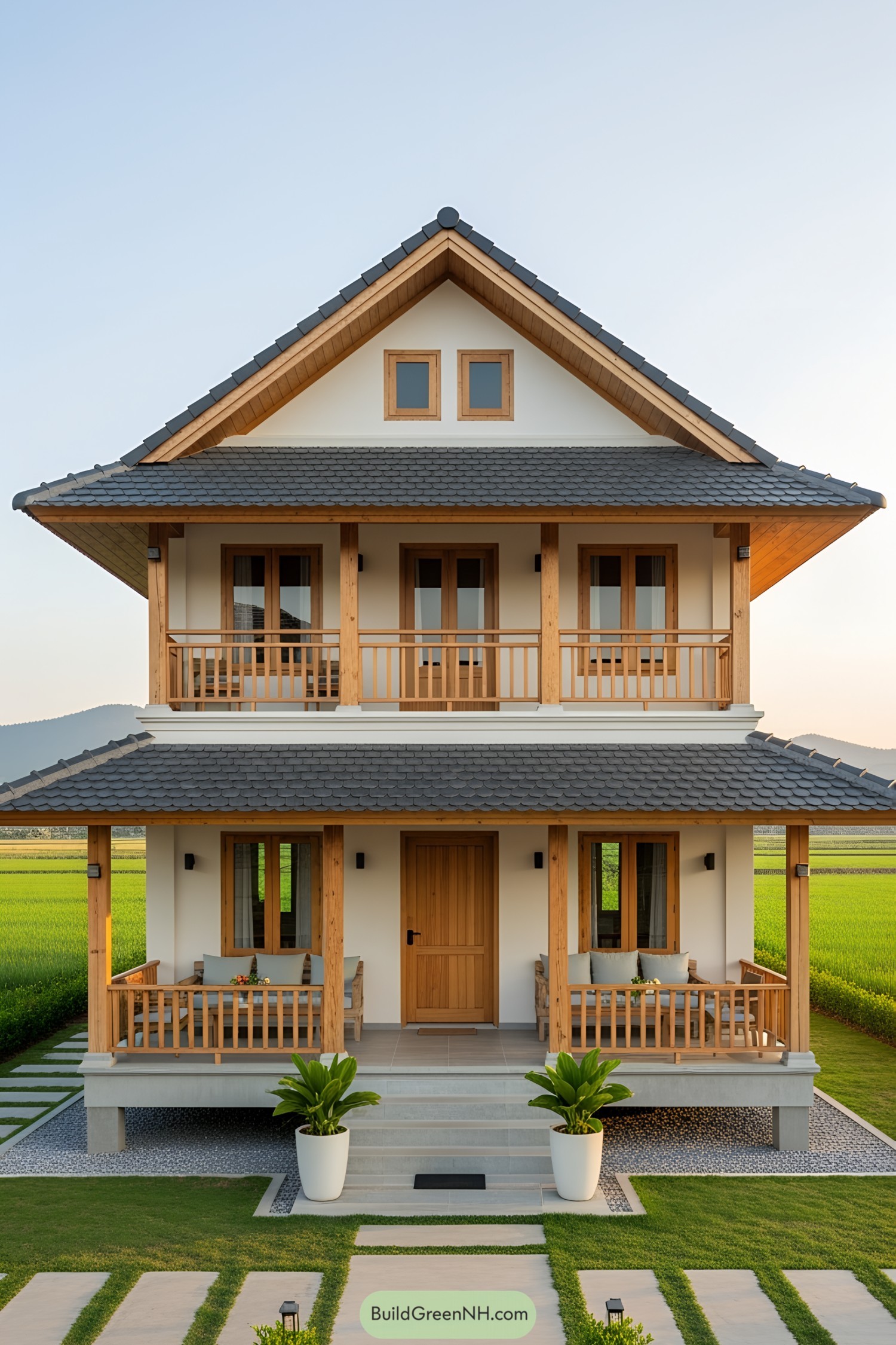 Two-story house with wooden accents and a wrap-around porch