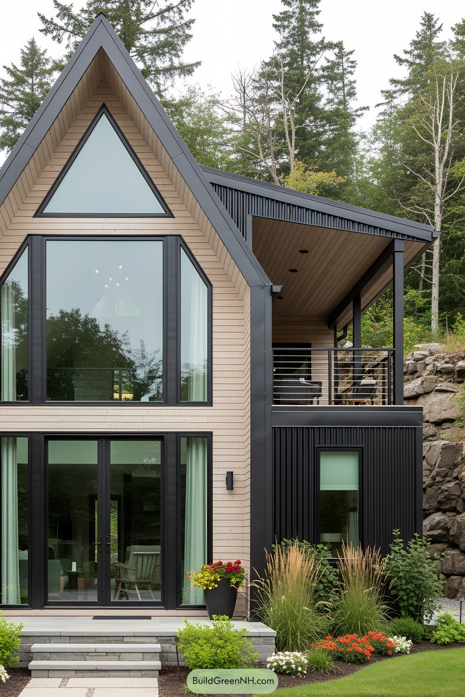 Modern A-frame house surrounded by lush greenery
