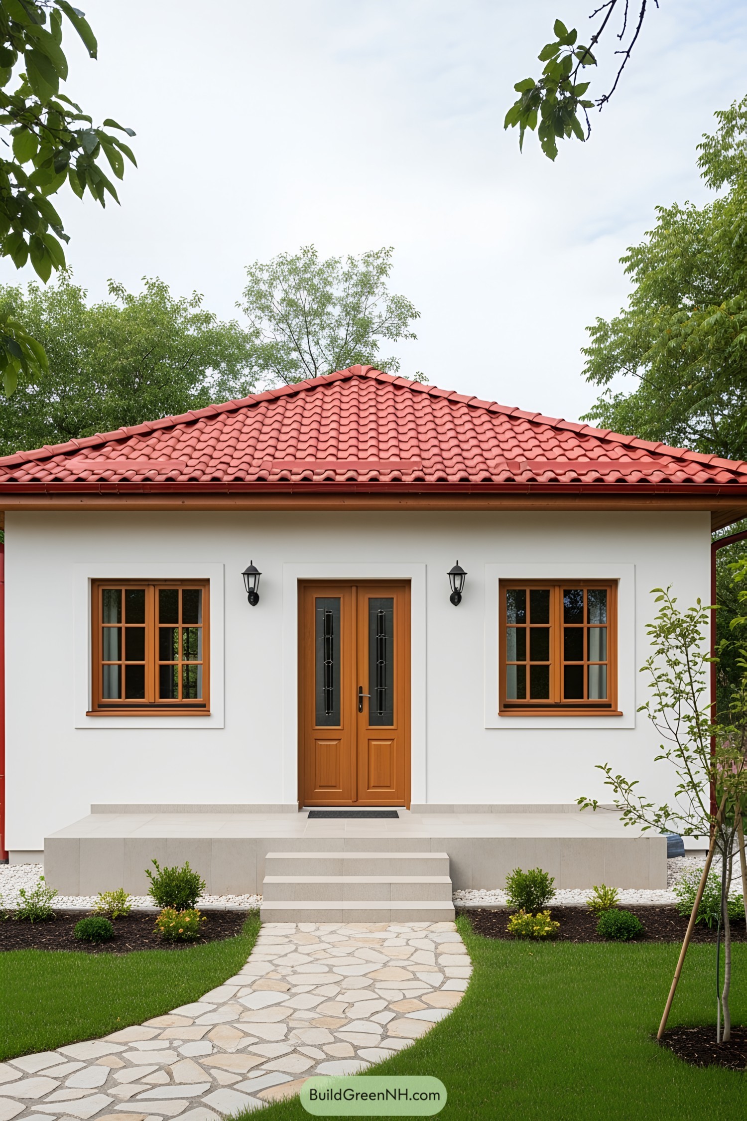 Small village house with red roof and wooden door